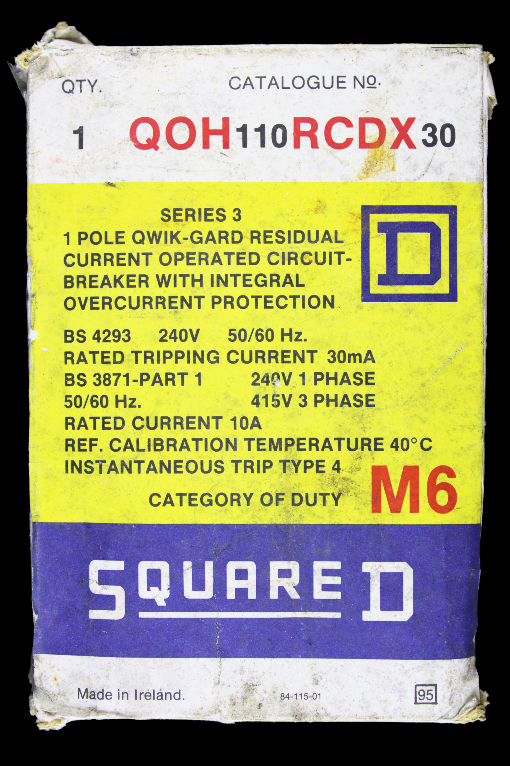 SQUARE D 10 AMP TYPE 4 M6 30mA RCBO QOH110RCDX30