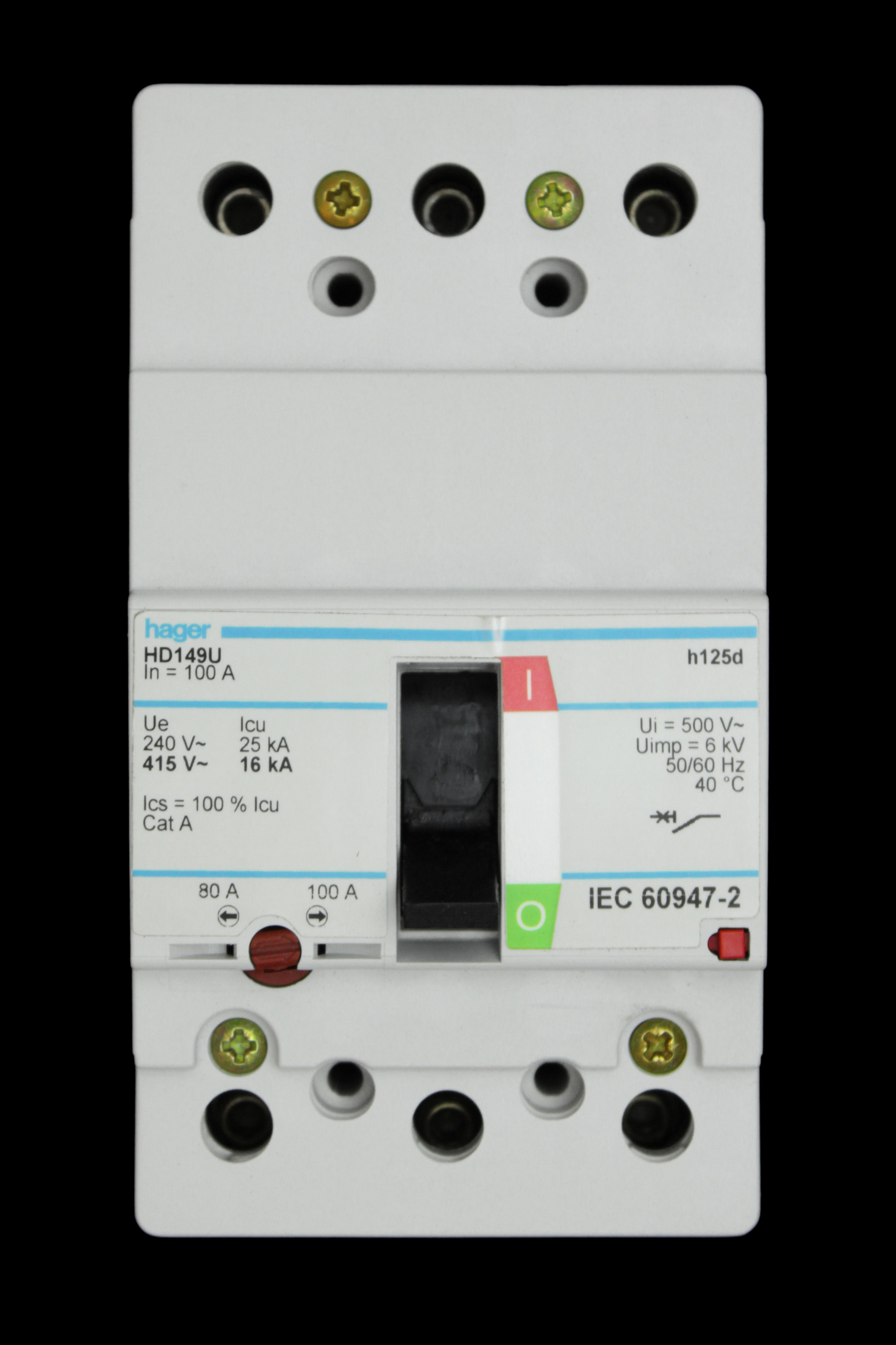 HAGER 100 AMP 16kA TRIPLE POLE MCCB 314204 HD149U H125D
