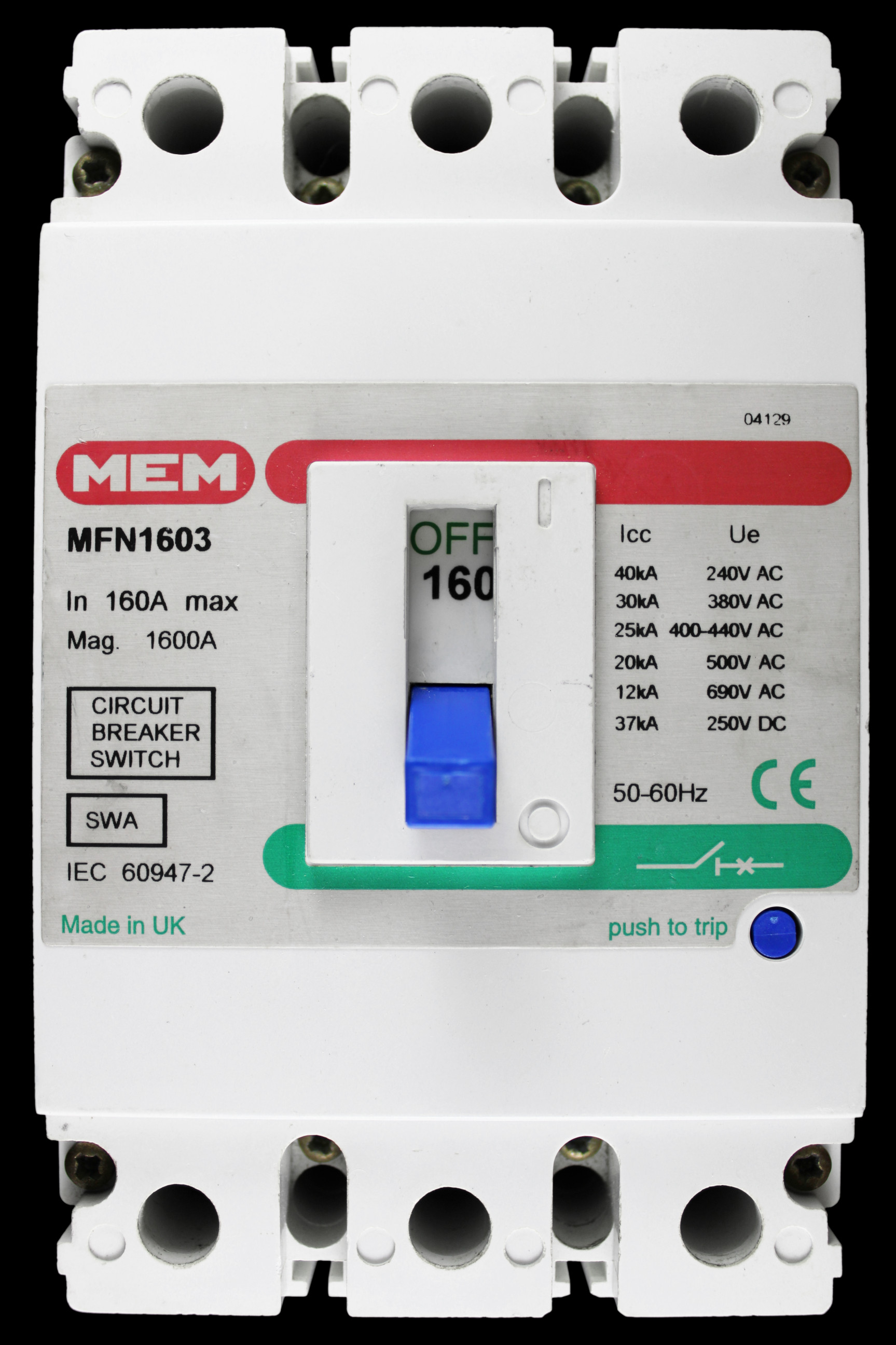 MEM 160 AMP 25kA TRIPLE POLE MCCB MFN1603