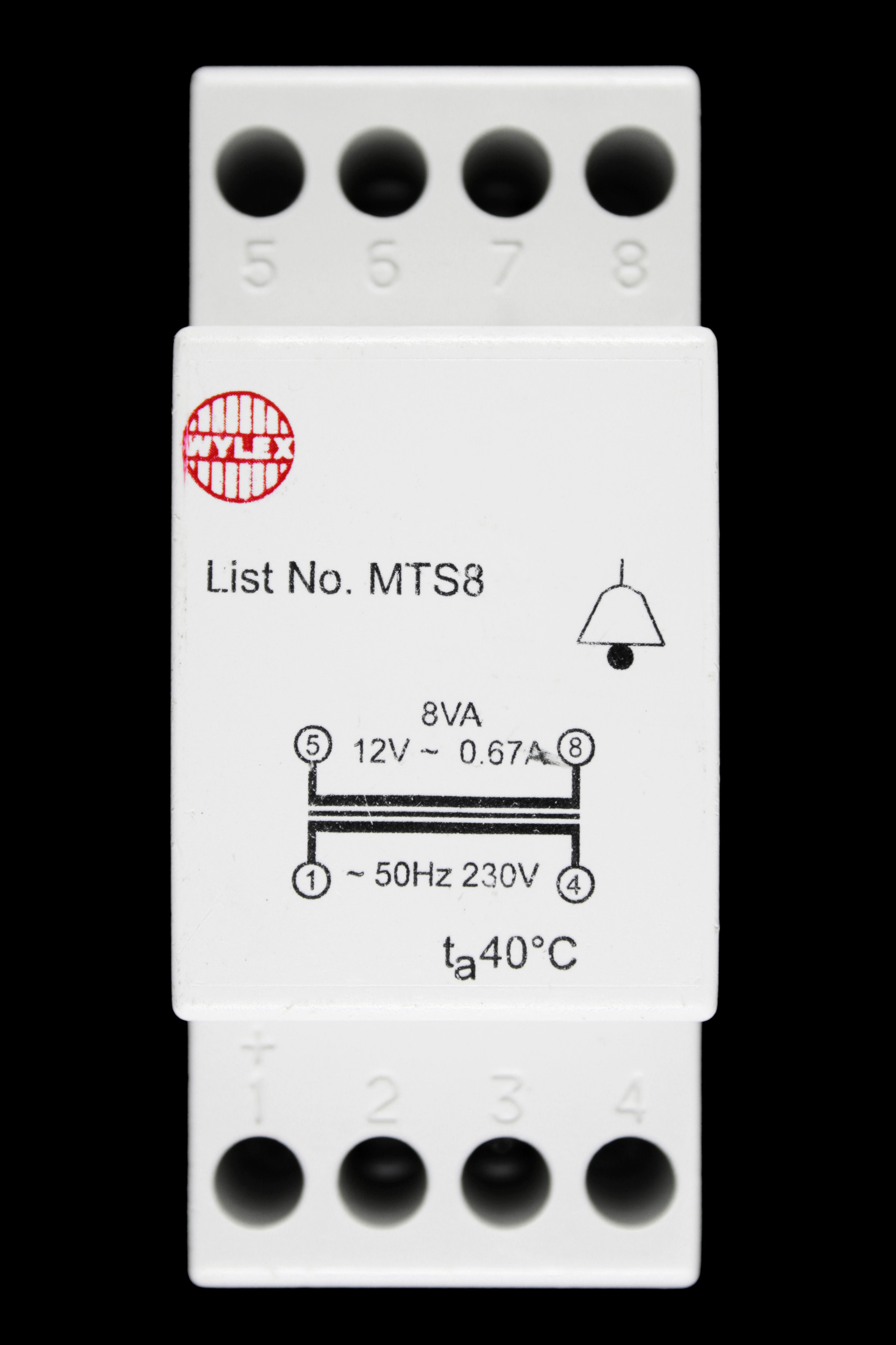 WYLEX 12V 0.67A 8VA DOOR BELL TRANSFORMER DIN RAIL 230V MTS8