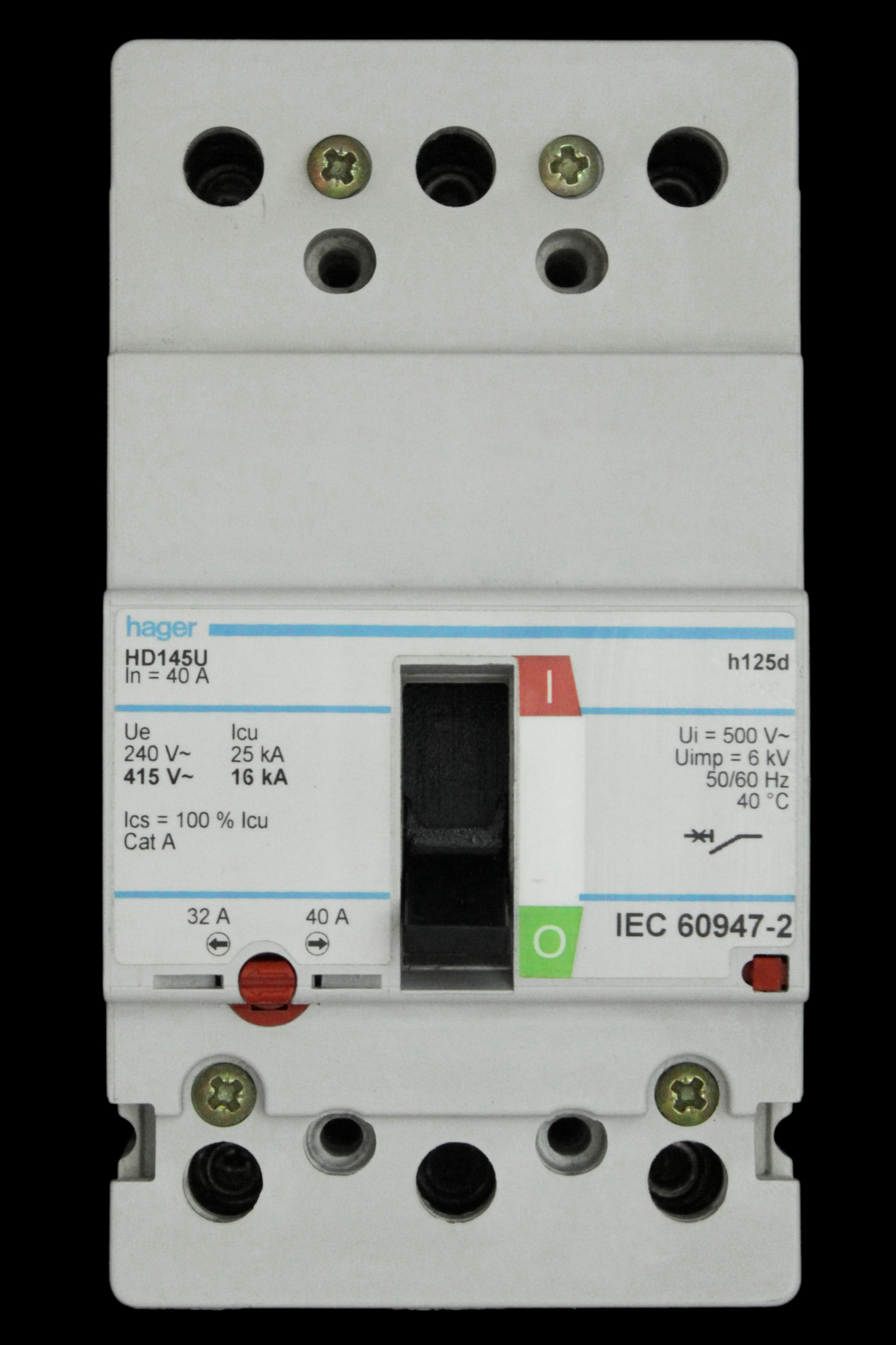 HAGER 40 AMP 16kA TRIPLE POLE MCCB HD145U H125D