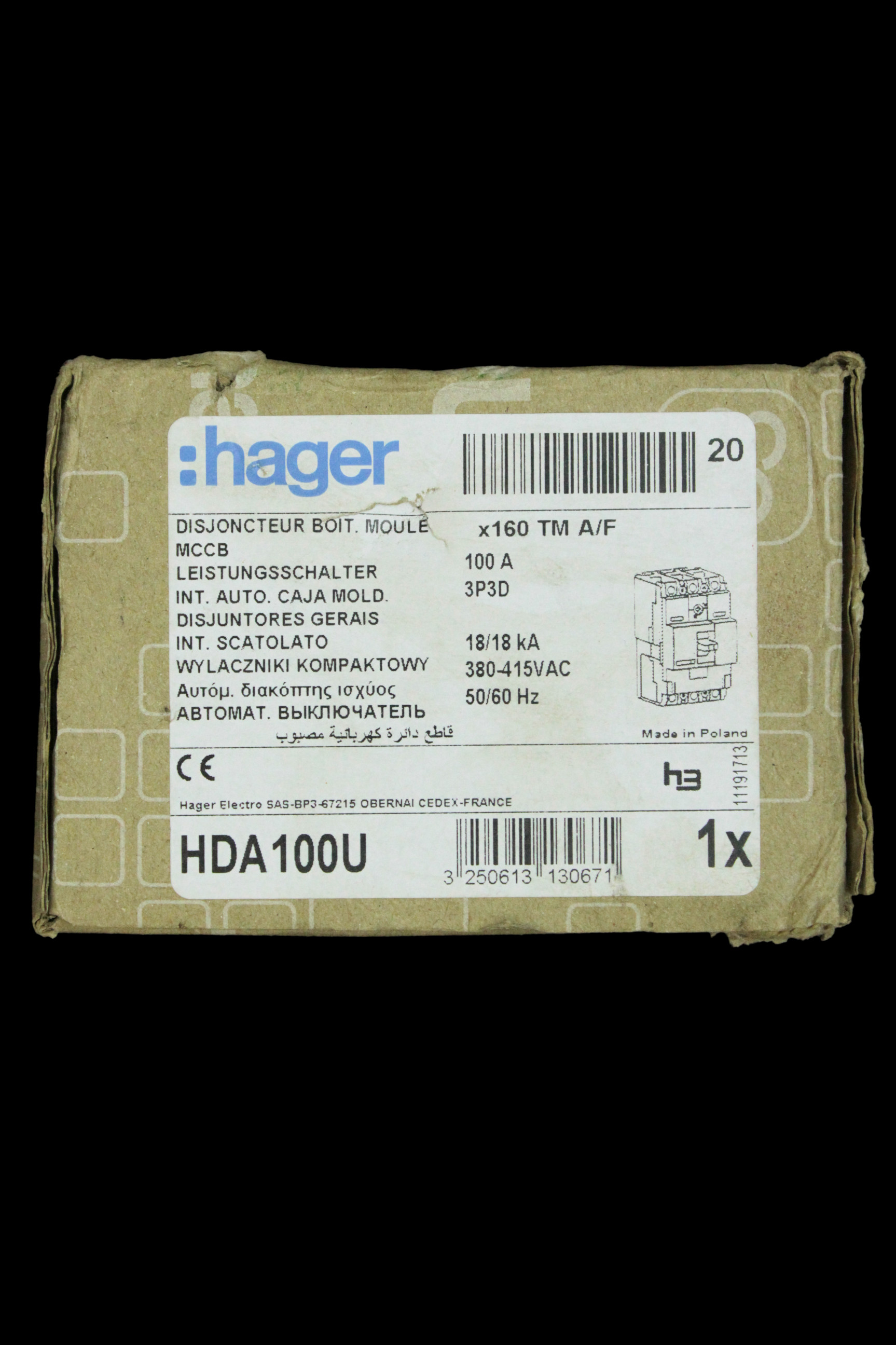 HAGER 100 AMP 18kA TRIPLE POLE MCCB X160 313067 HDA100U