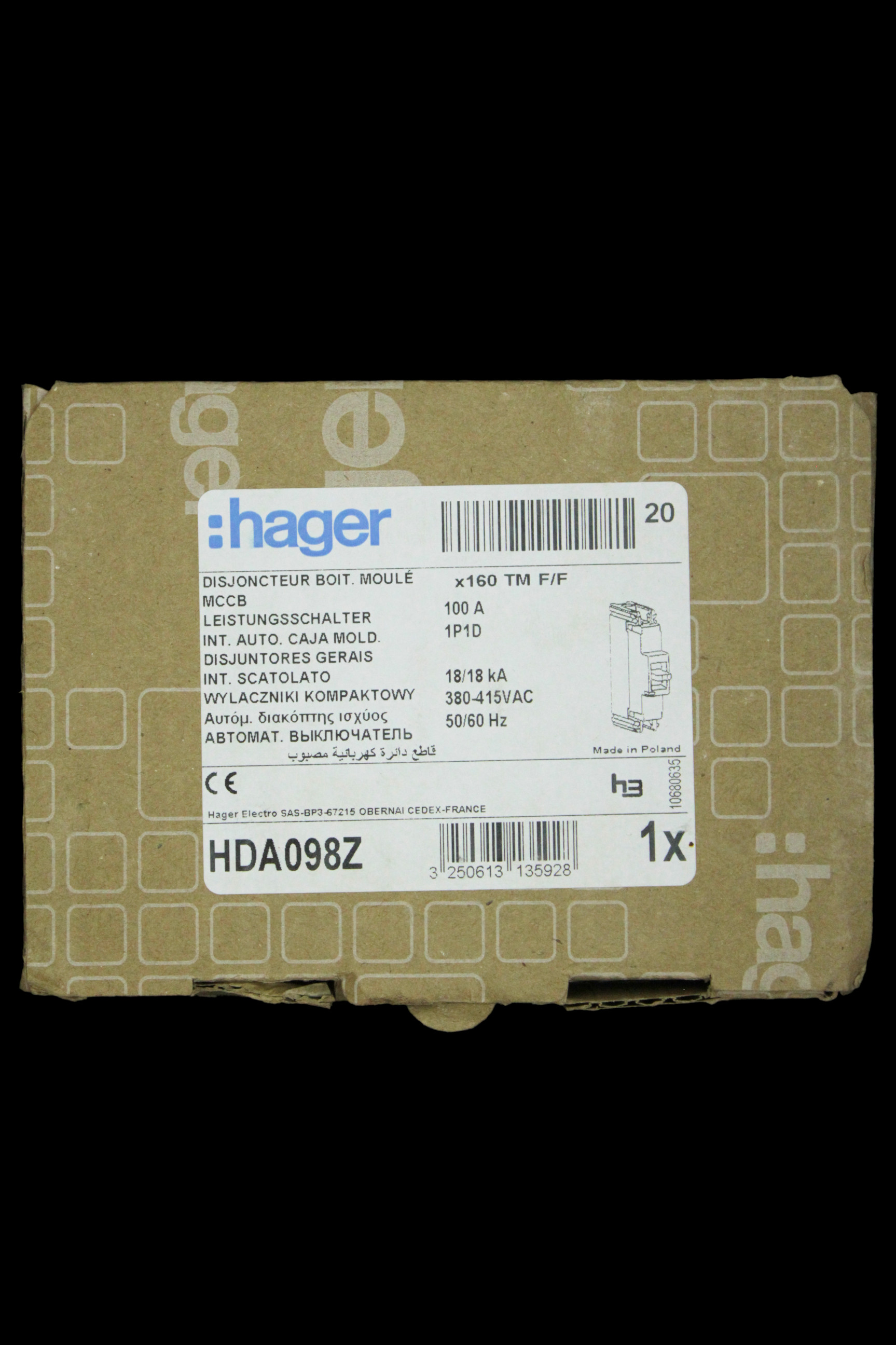 HAGER 100 AMP 18kA MCCB HDA098Z 313592