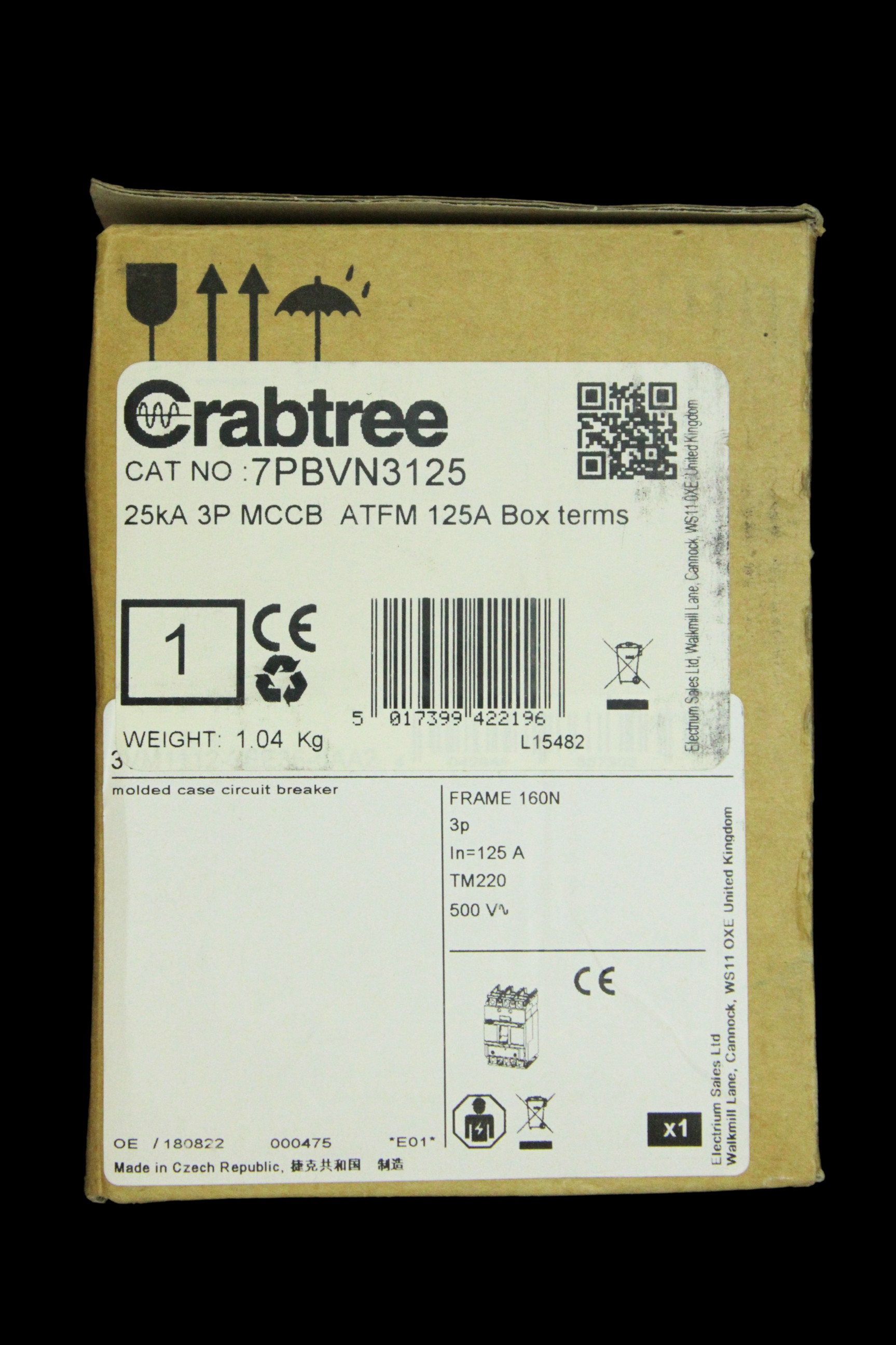 CRABTREE 125 AMP 25kA TRIPLE POLE MCCB 7PBVN3125
