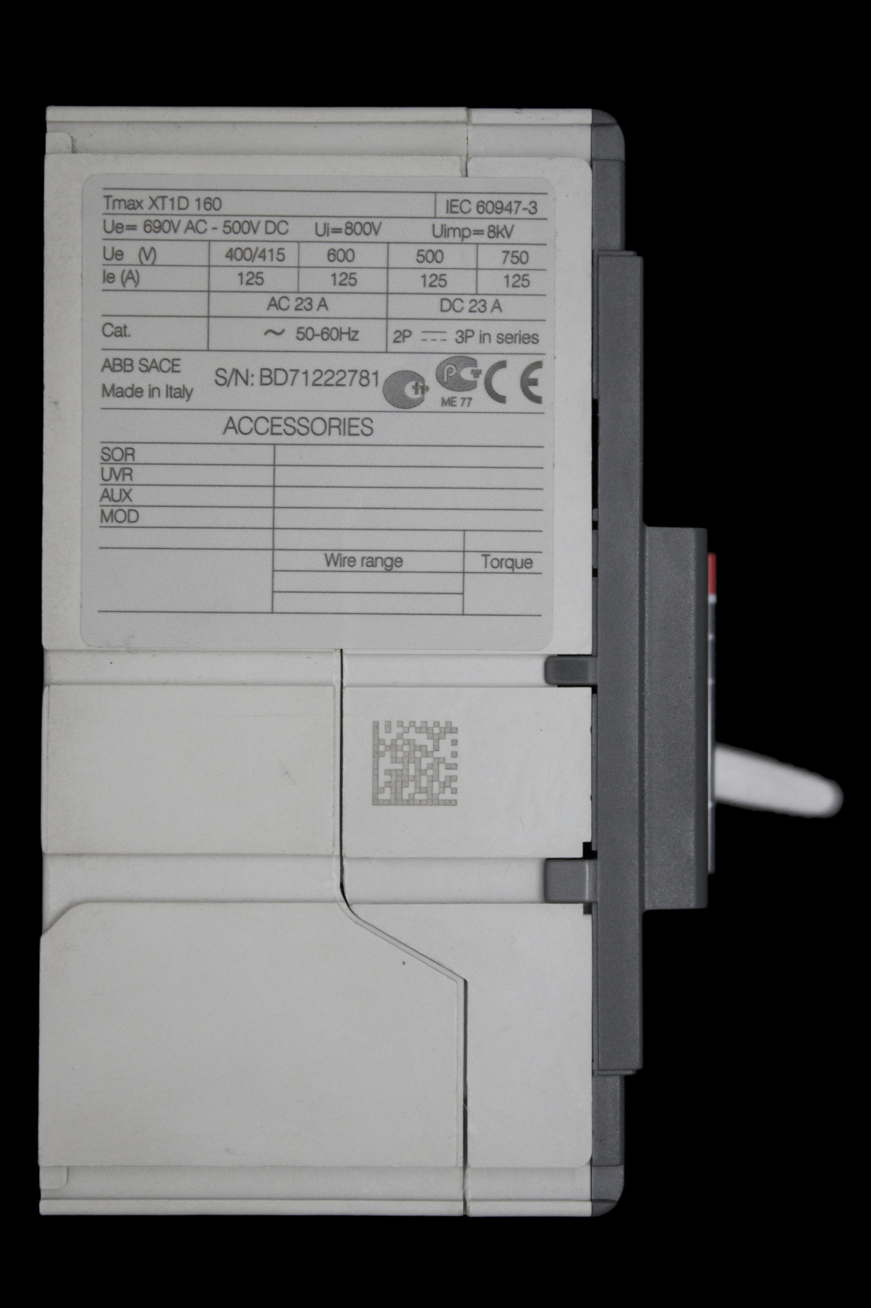 ABB 160 AMP FOUR POLE SWITCH DISCONNECTOR SACE TMAX XT1D 160 1SDA068209R1
