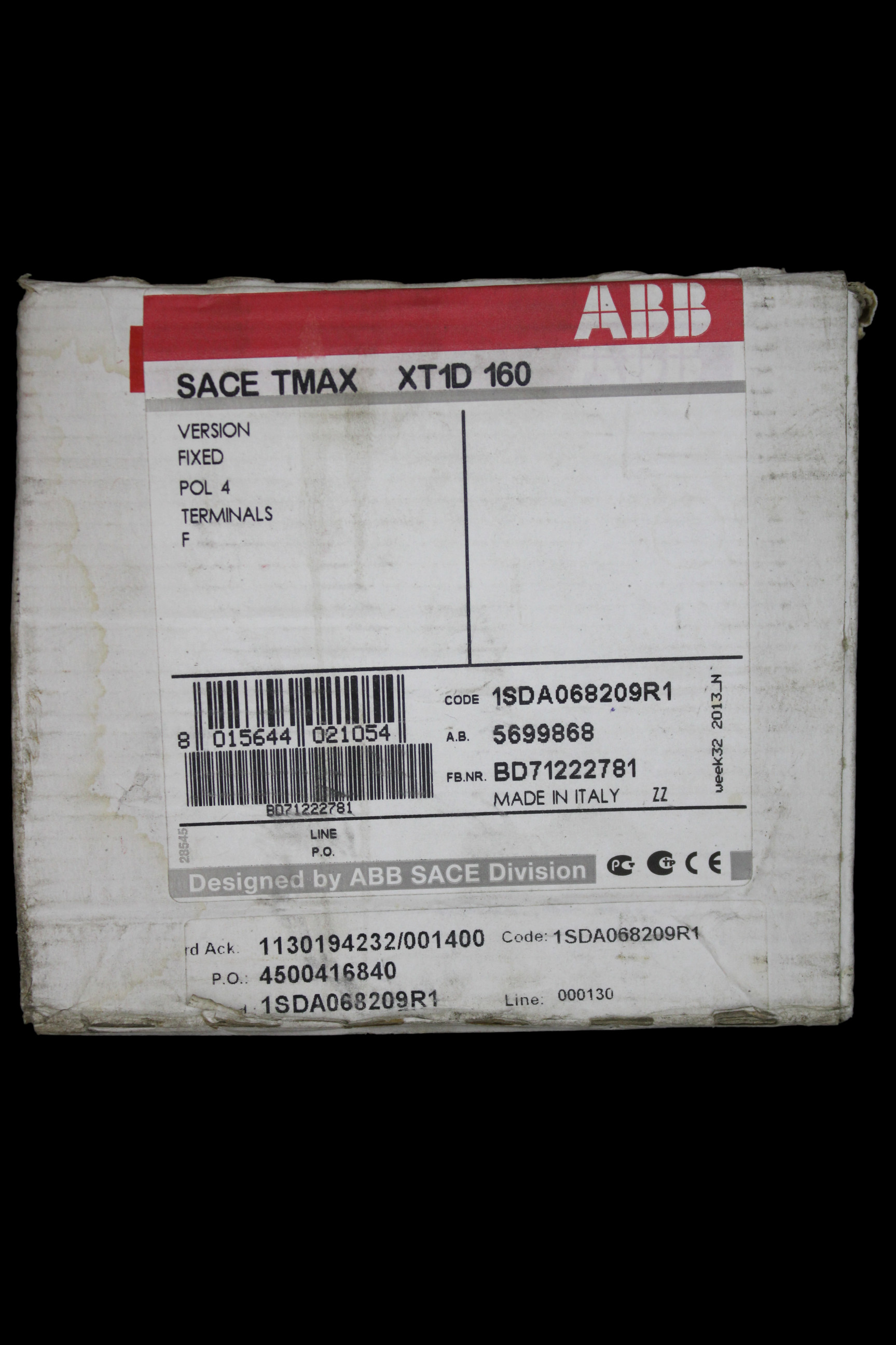 ABB 160 AMP FOUR POLE SWITCH DISCONNECTOR SACE TMAX XT1D 160 1SDA068209R1