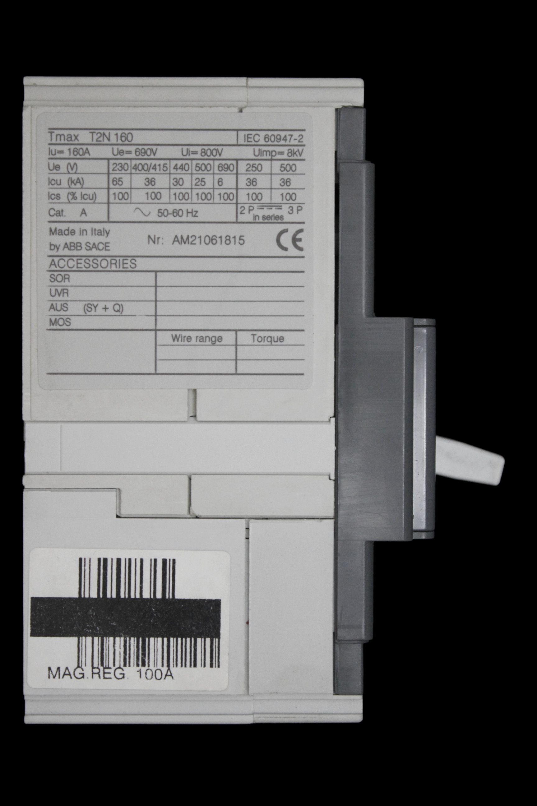 ABB 100 AMP 36kA TRIPLE POLE MCCB SACE TMAX T2N 160