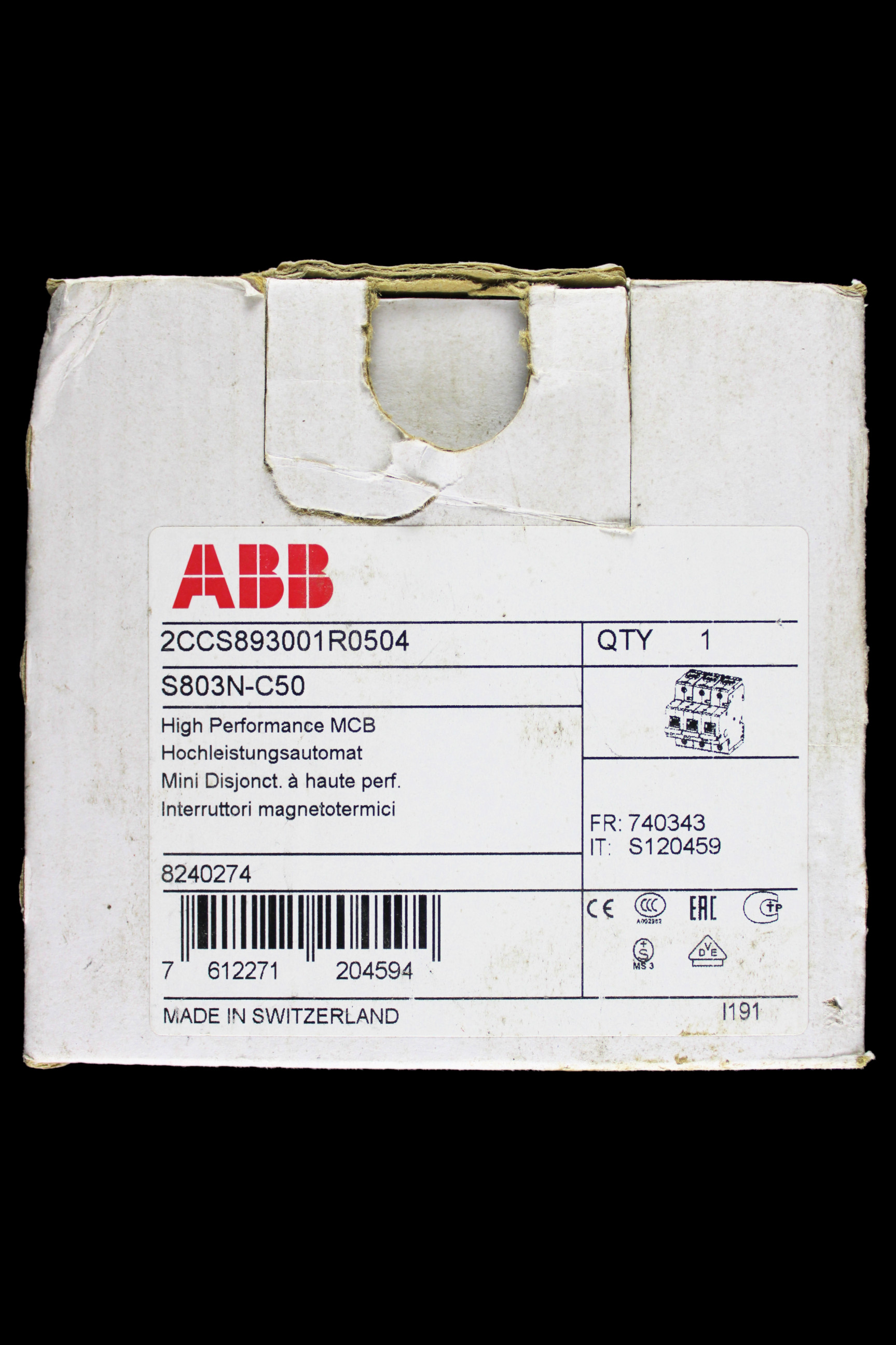 ABB 50 AMP CURVE C 36kA TRIPLE POLE MCB CIRCUIT BREAKER 2CCS893001R0504 S803N