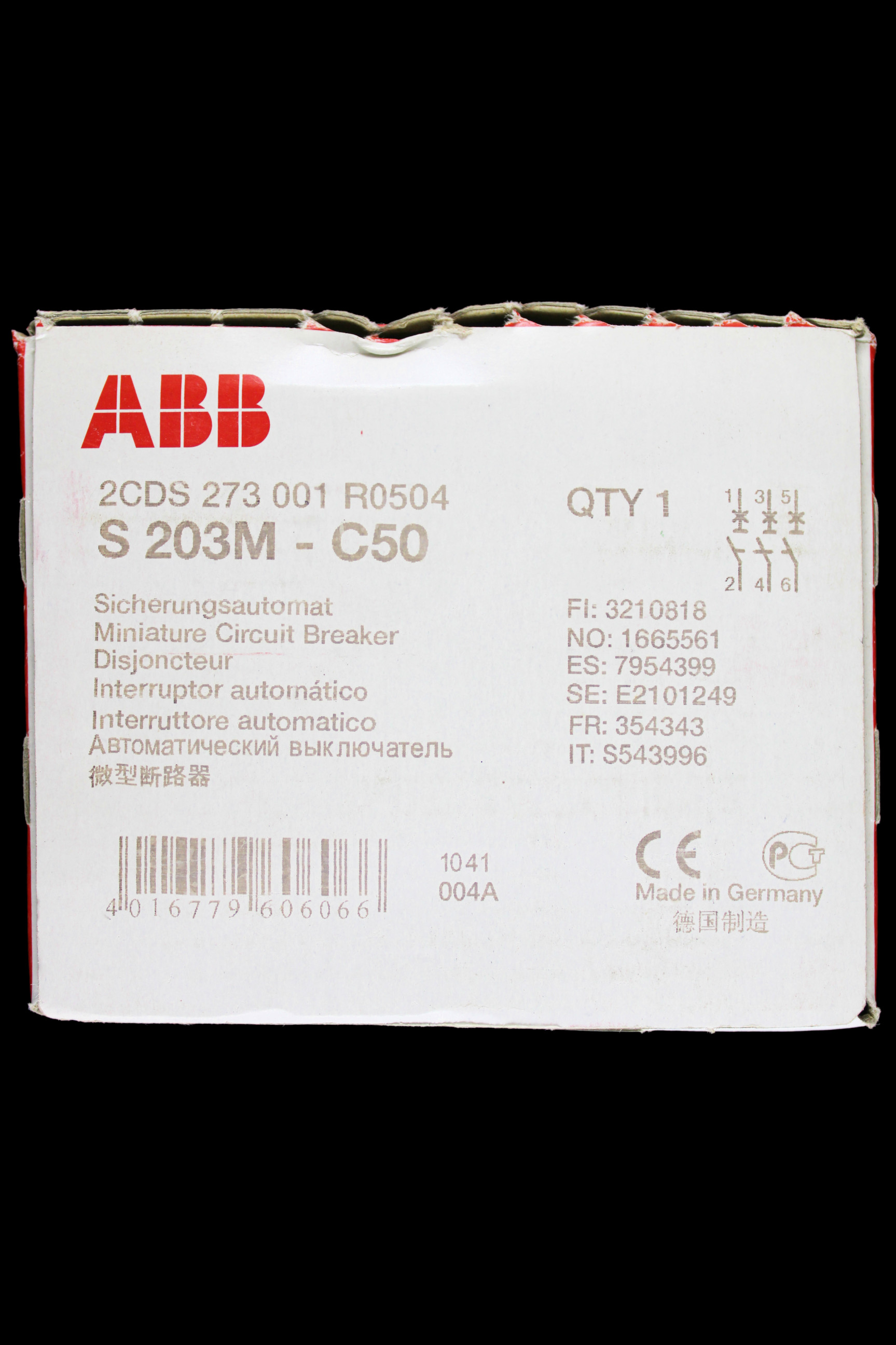 ABB 50 AMP CURVE C 10kA TRIPLE POLE MCB CIRCUIT BREAKER S203M 2CDS273001R0504