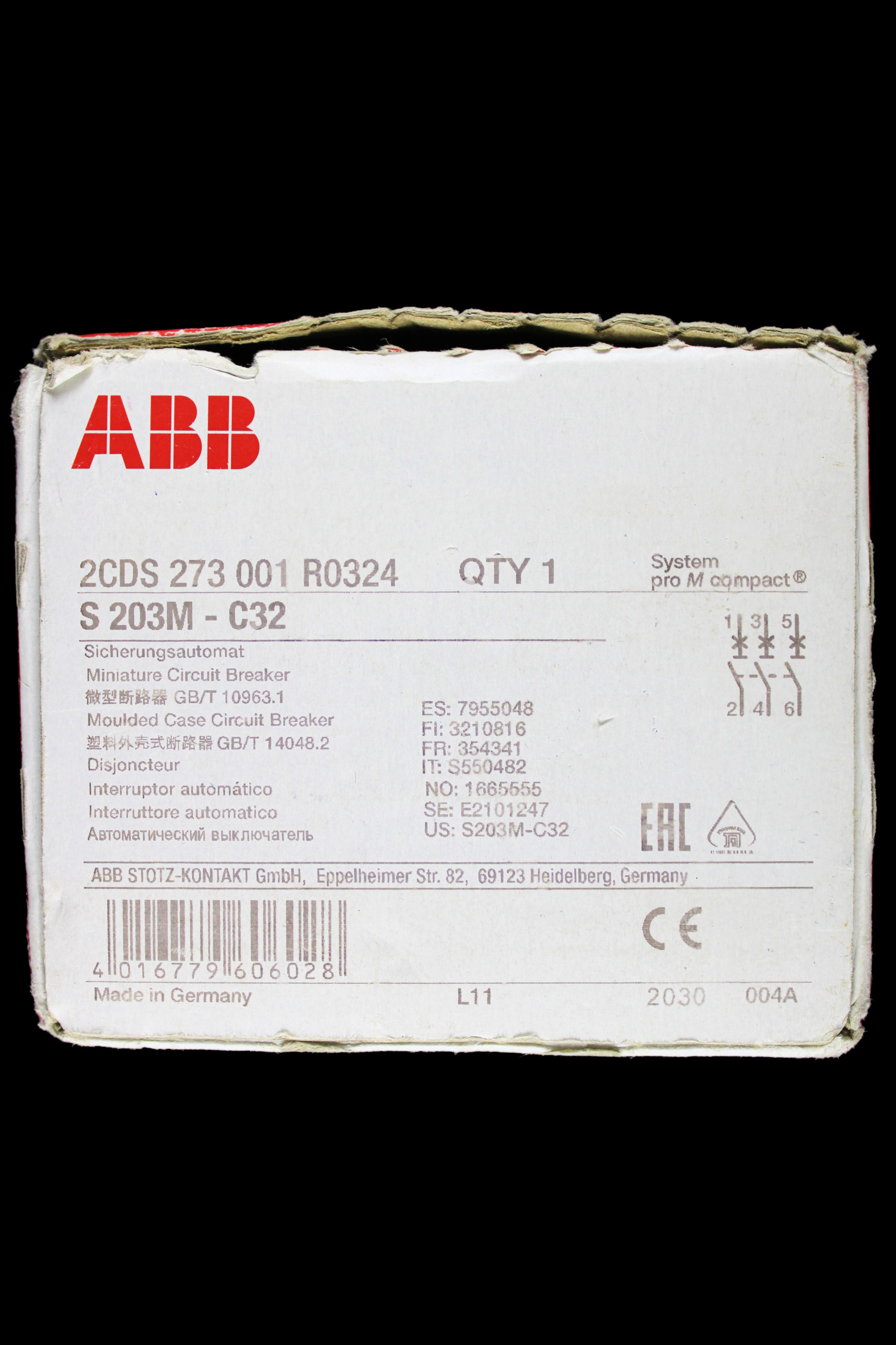 ABB 32 AMP CURVE C 10kA TRIPLE POLE MCB CIRCUIT BREAKER S203M 2CDS273001R0324