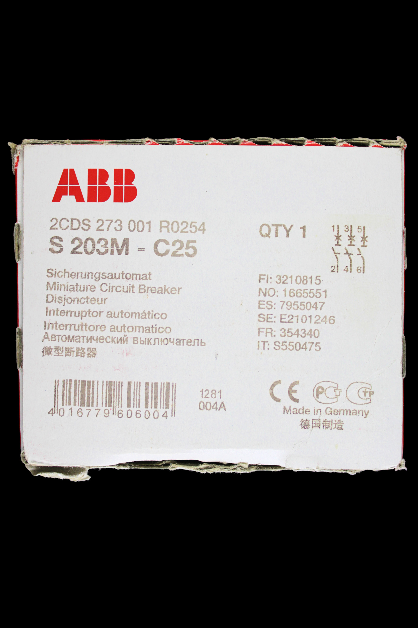 ABB 25 AMP CURVE C 10kA TRIPLE POLE MCB CIRCUIT BREAKER S203M 2CDS273001R0254