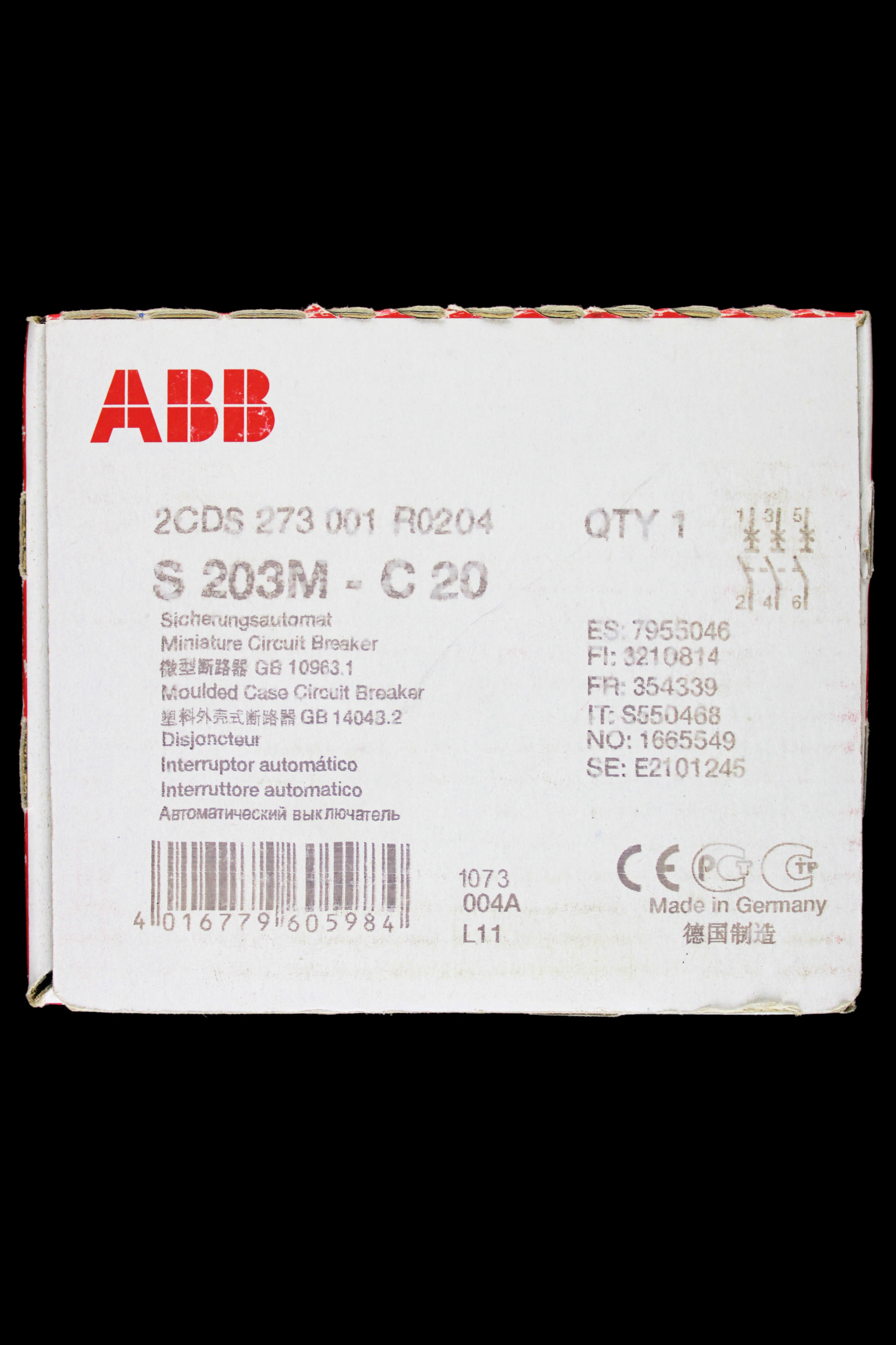ABB 20 AMP CURVE C 10kA TRIPLE POLE MCB CIRCUIT BREAKER S203M 2CDS273001R0204