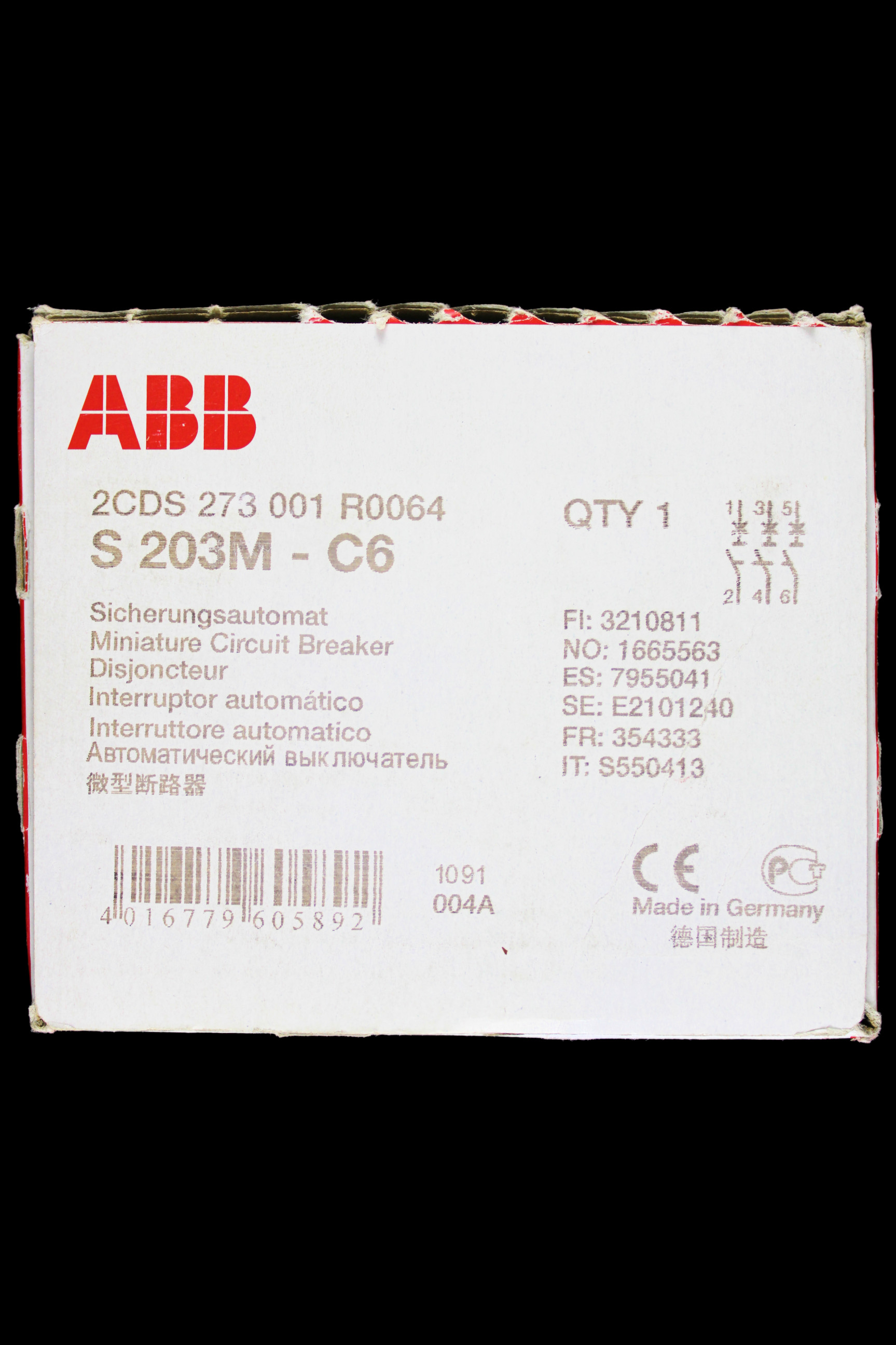 ABB 6 AMP CURVE C 10kA TRIPLE POLE MCB CIRCUIT BREAKER S203M 2CDS273001R0064