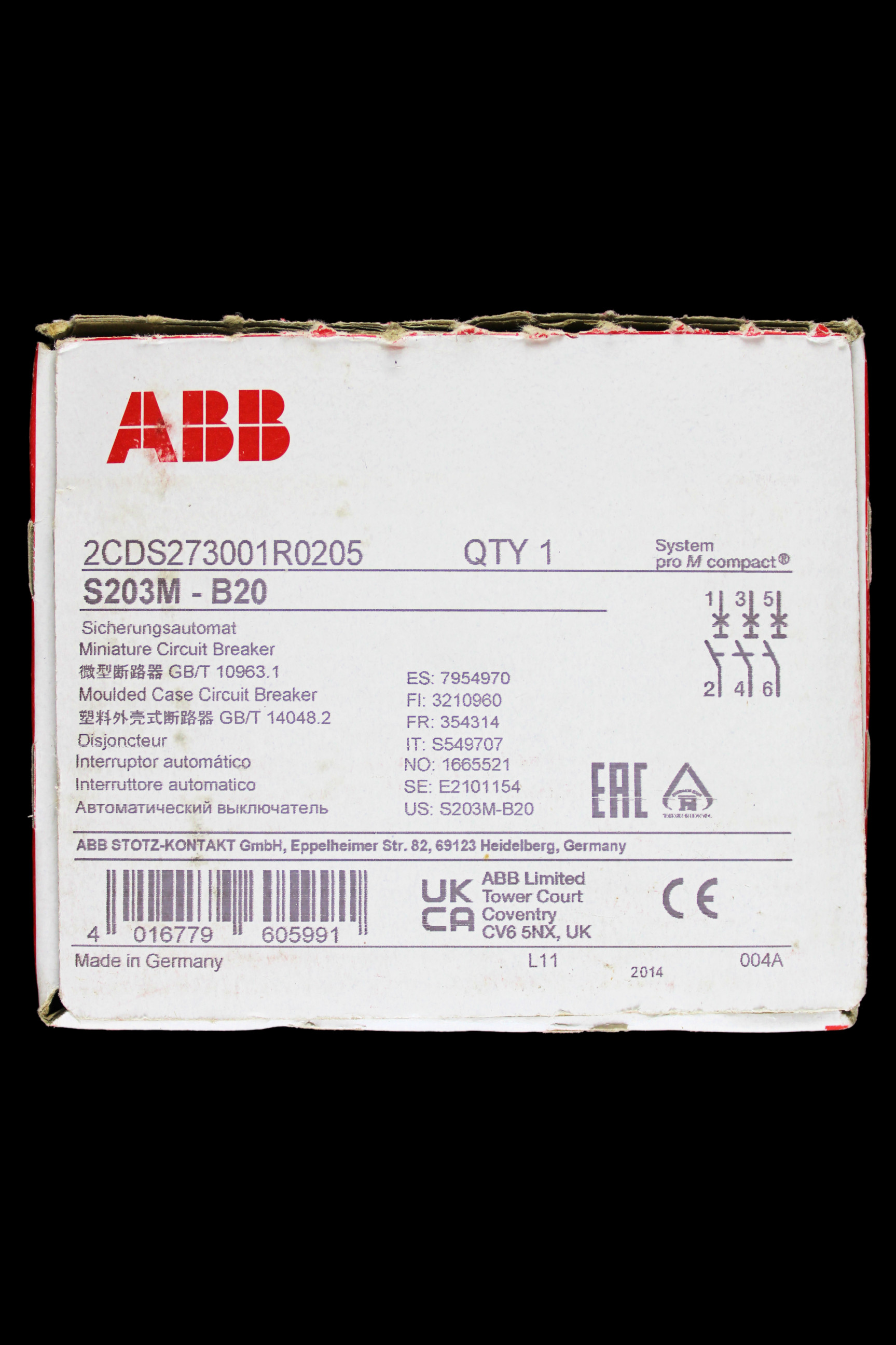 ABB 20 AMP CURVE B 10kA TRIPLE POLE MCB CIRCUIT BREAKER S203M 2CDS273001R0205