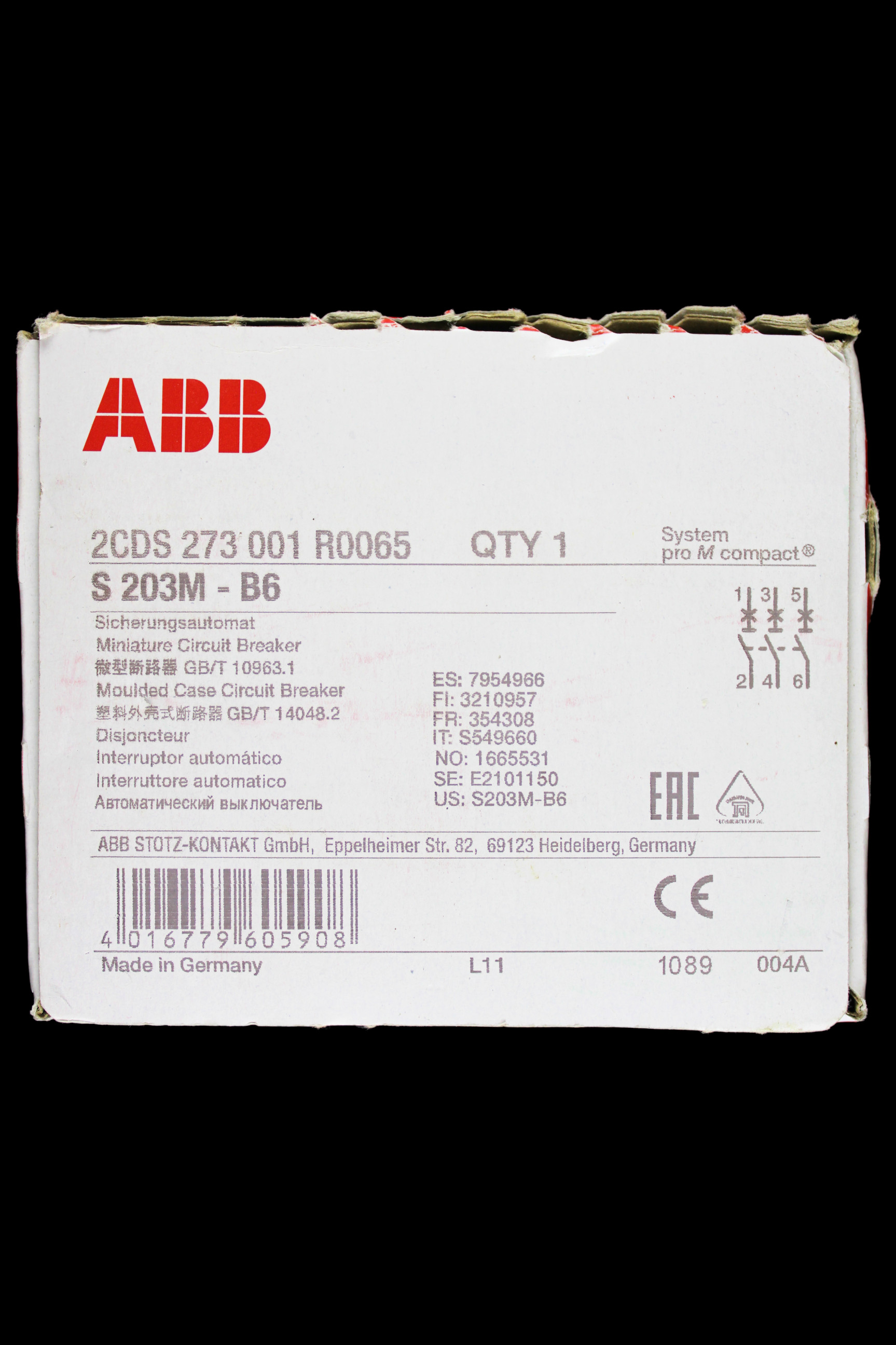 ABB 6 AMP CURVE B 10kA TRIPLE POLE MCB CIRCUIT BREAKER S203M 2CDS273001R0065