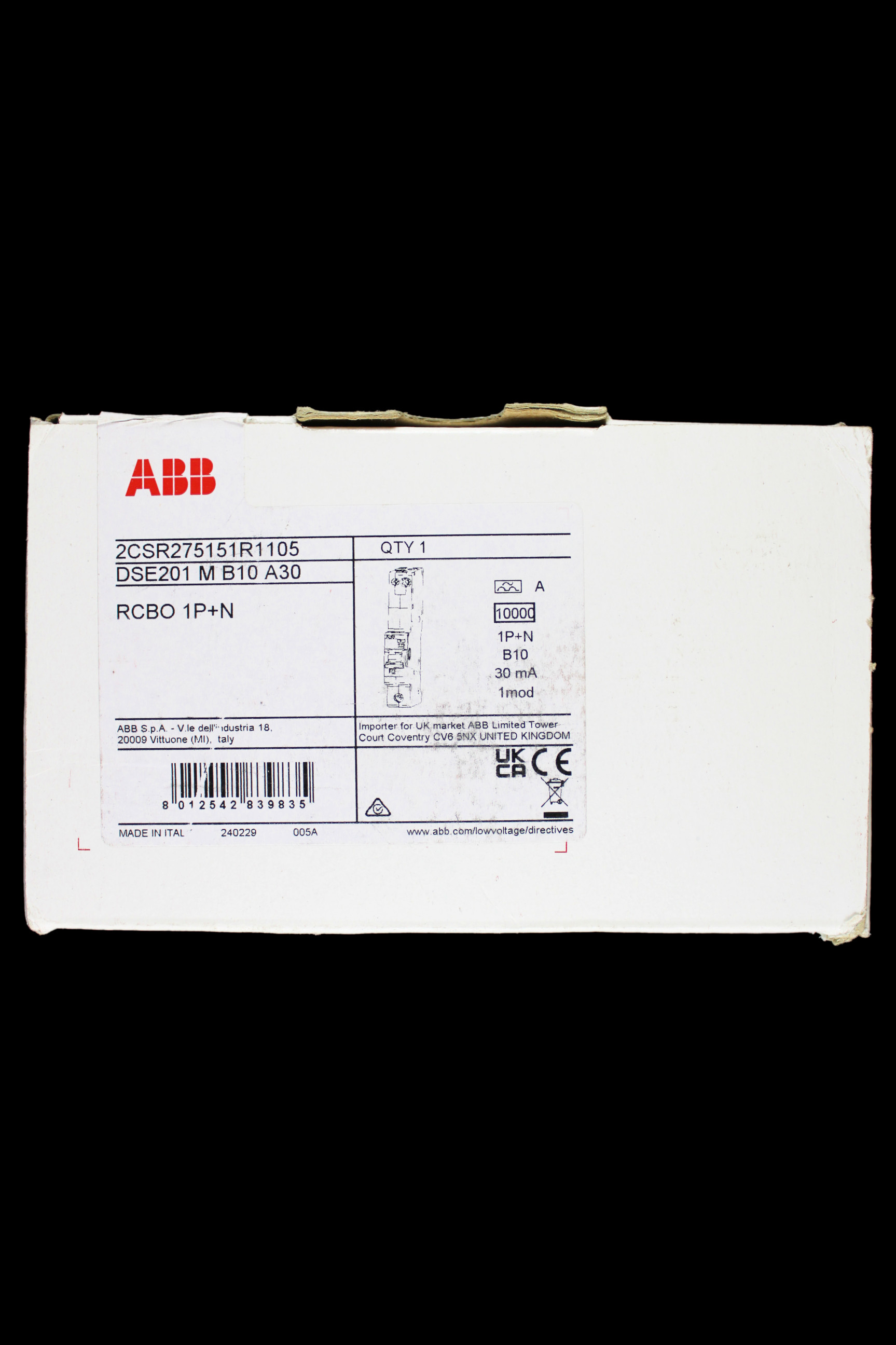 ABB 10 AMP CURVE B 10kA 30mA RCBO TYPE A DSE201 M 2CSR275151R1105