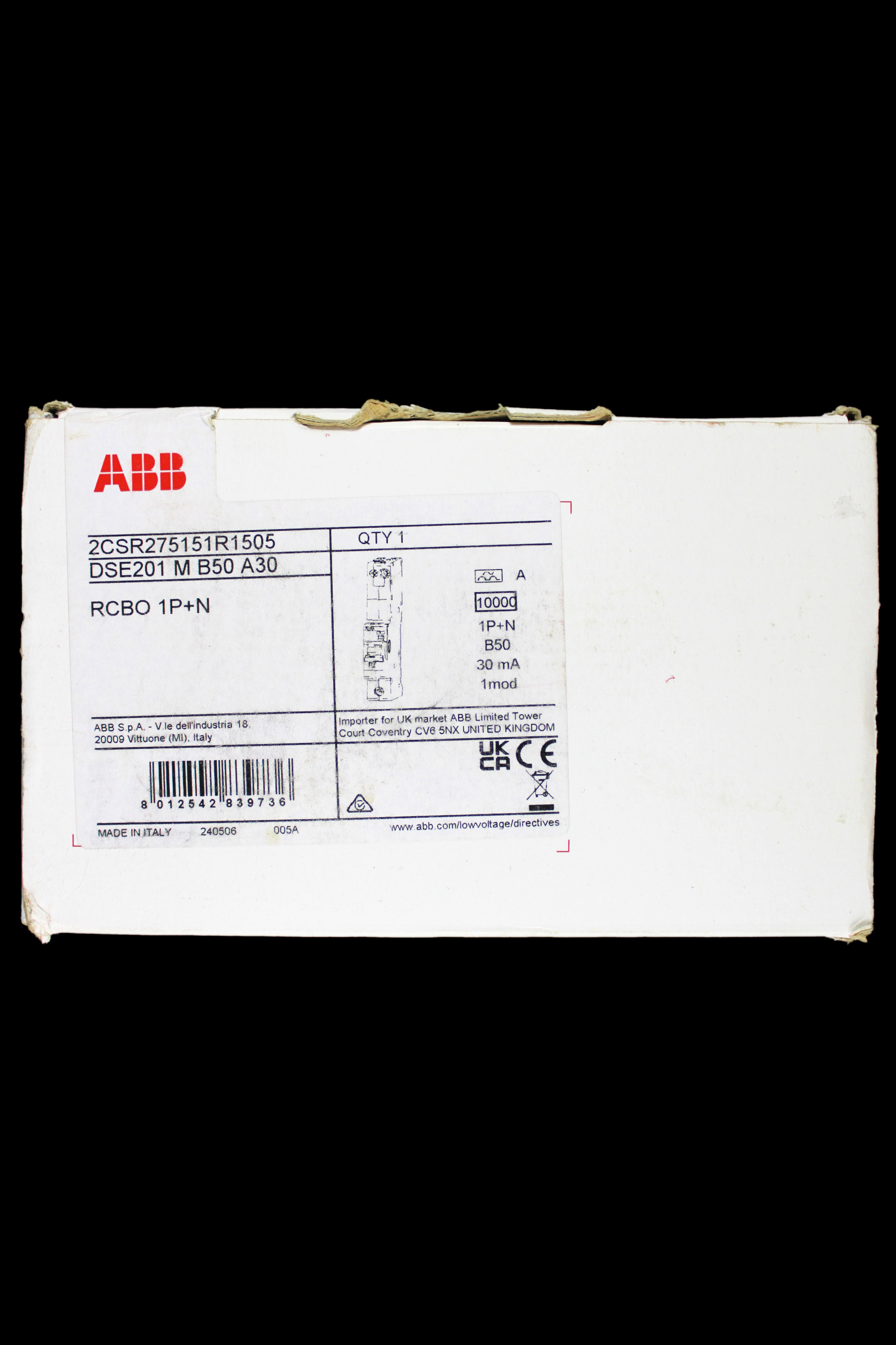 ABB 50 AMP CURVE B 10kA 30mA RCBO TYPE A DSE201 M 2CSR275151R1505