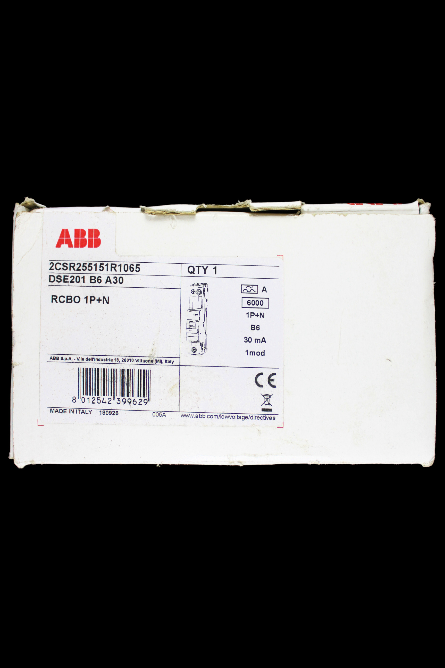ABB 6 AMP CURVE B 6kA 30mA RCBO TYPE A DSE201 2CSR255151R1065
