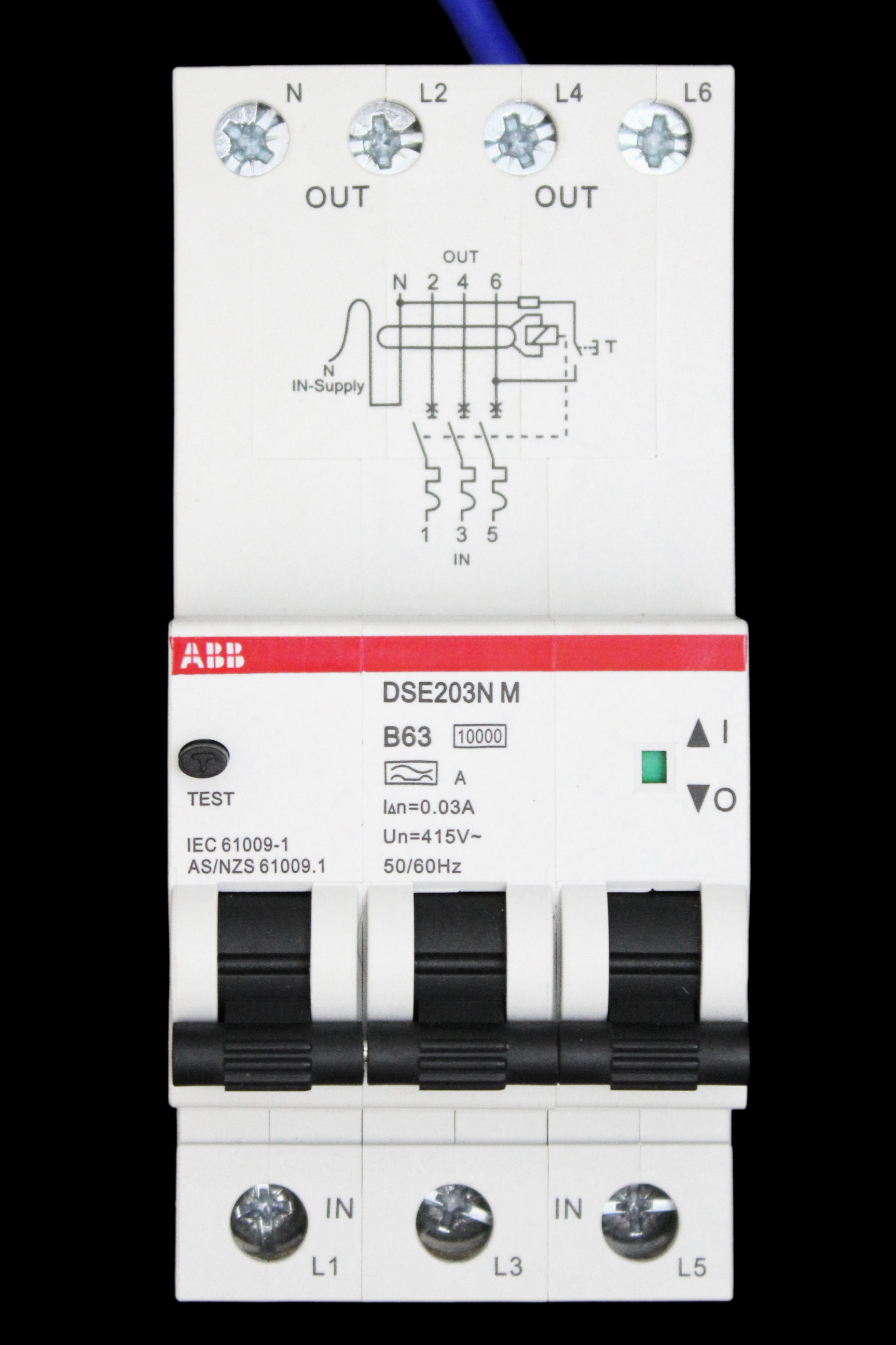 ABB 63 AMP CURVE B 10kA 30mA TRIPLE POLE RCBO TYPE A DSE203N M 2TAZ234414R2635