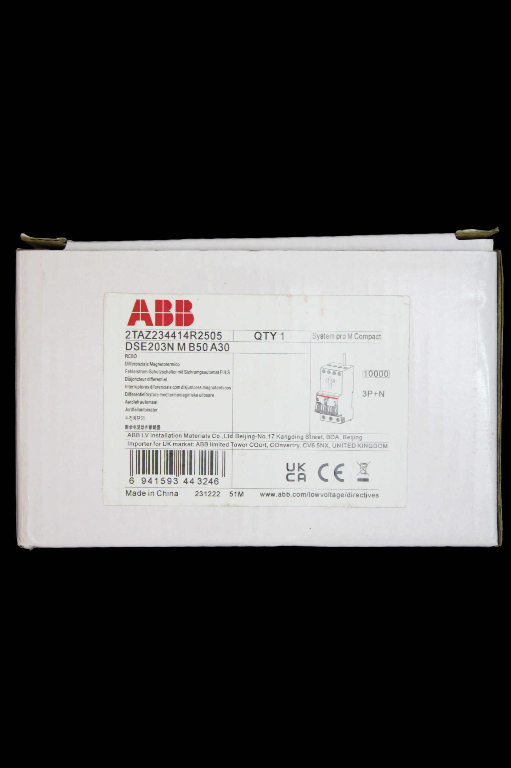 ABB 50 AMP CURVE B 10kA 30mA TRIPLE POLE RCBO TYPE A DSE203N M 2TAZ234414R2505
