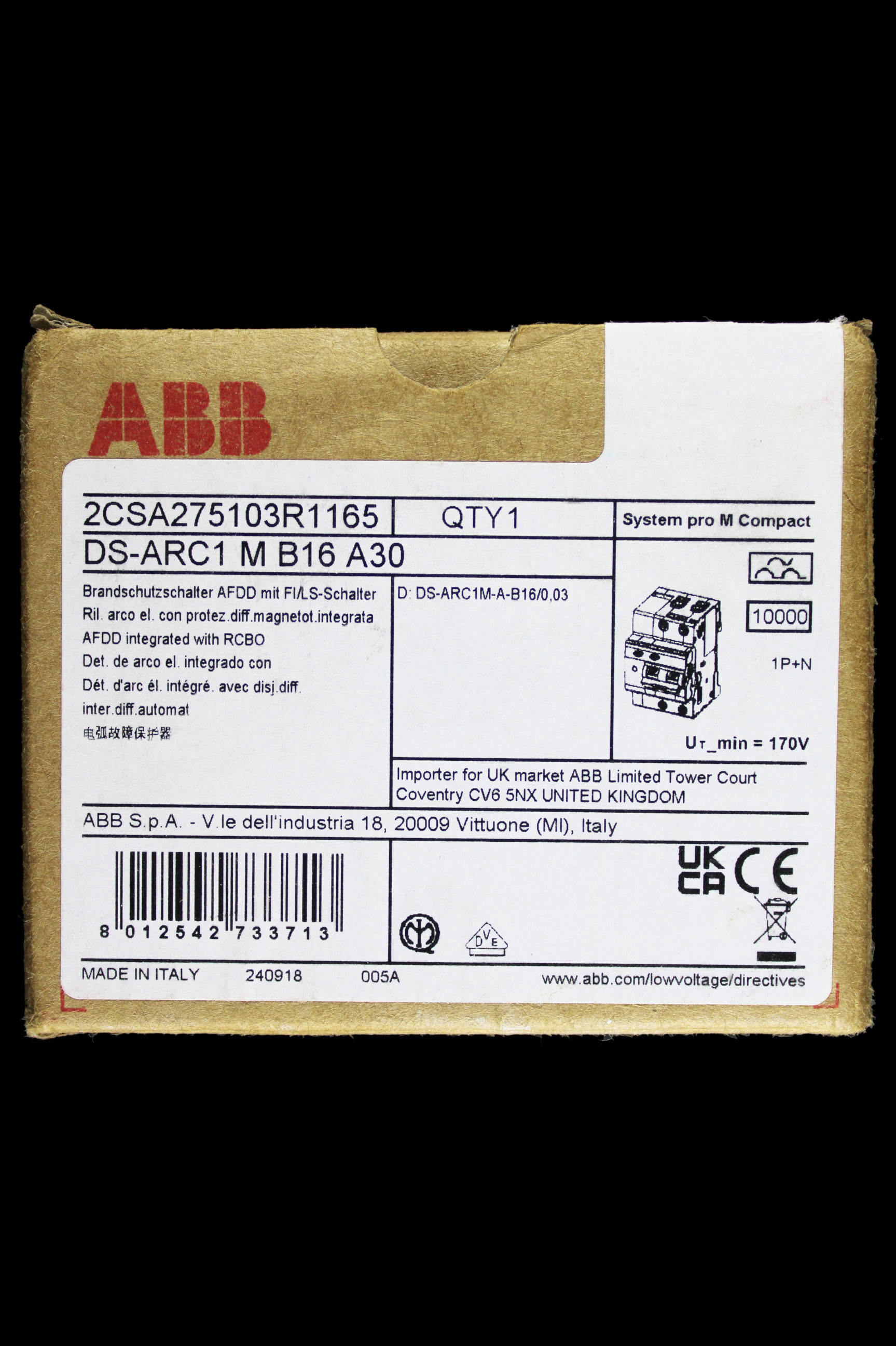 ABB 16 AMP CURVE B 10kA 30mA DOUBLE POLE AFDD TYPE A DS-ARC1 M 2CSA275103R1165