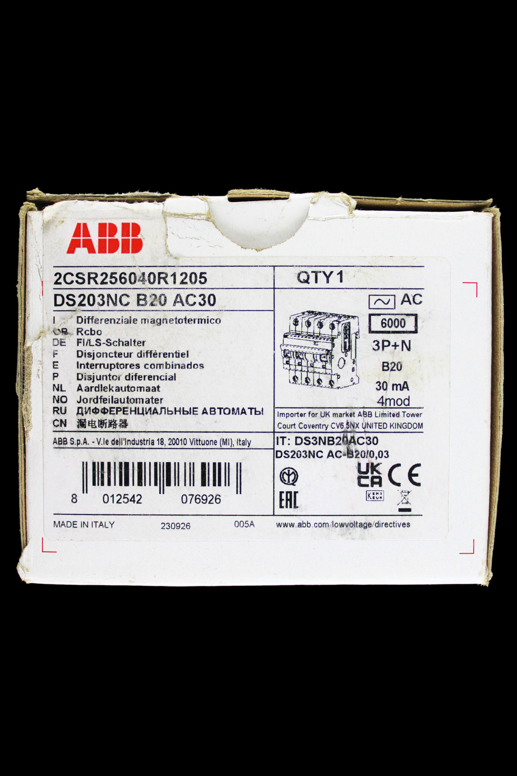 ABB 20 AMP CURVE B 6kA 30mA FOUR POLE RCBO TYPE AC DS203NC 2CSR256040R1205