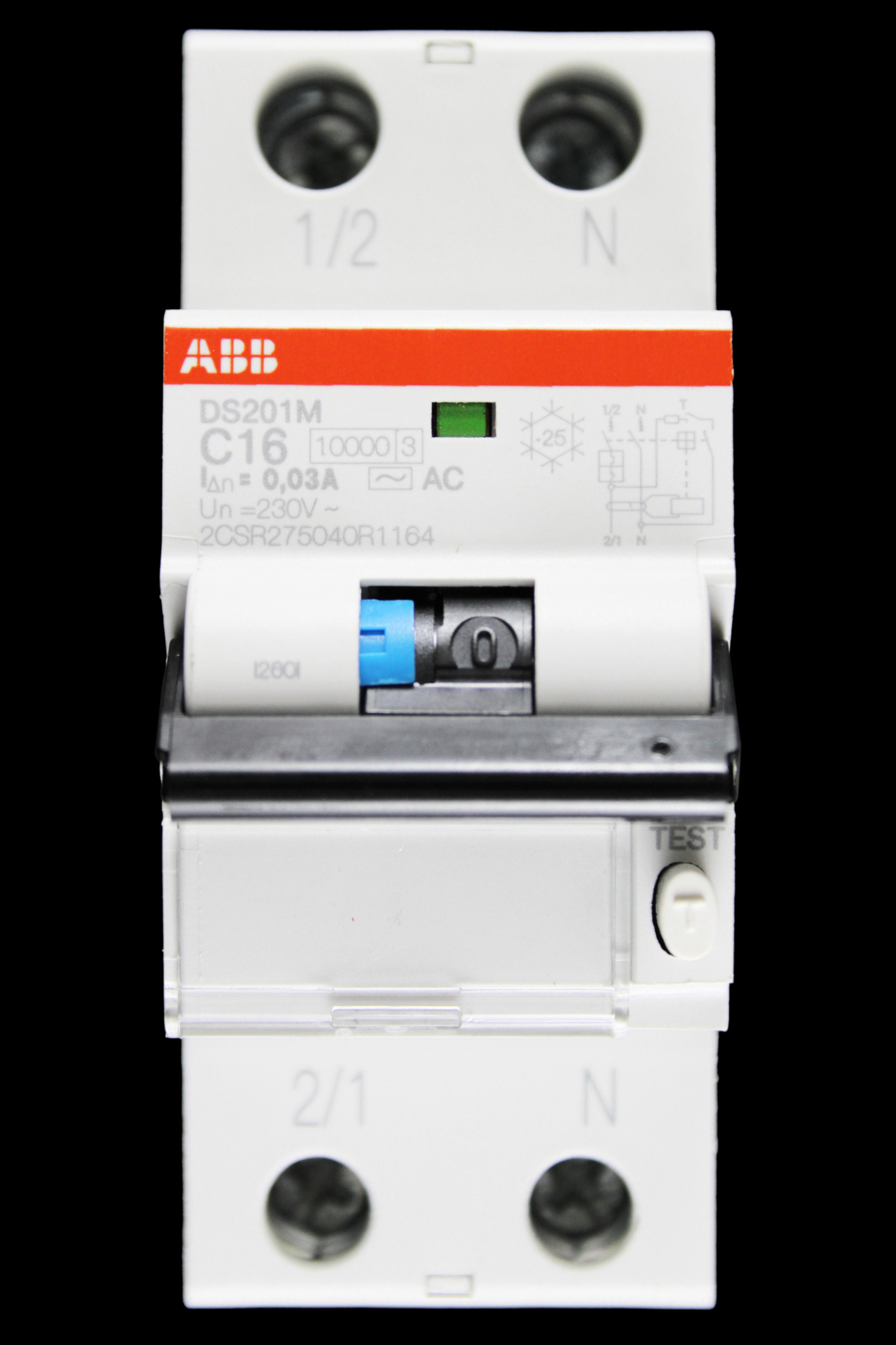 ABB 16 AMP CURVE C 10kA 30mA DOUBLE POLE RCBO TYPE AC DS201M 2CSR275040R1164