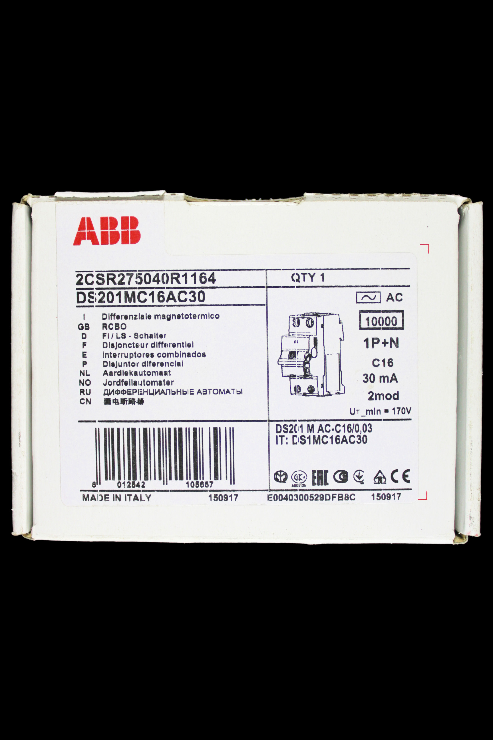 ABB 16 AMP CURVE C 10kA 30mA DOUBLE POLE RCBO TYPE AC DS201M 2CSR275040R1164