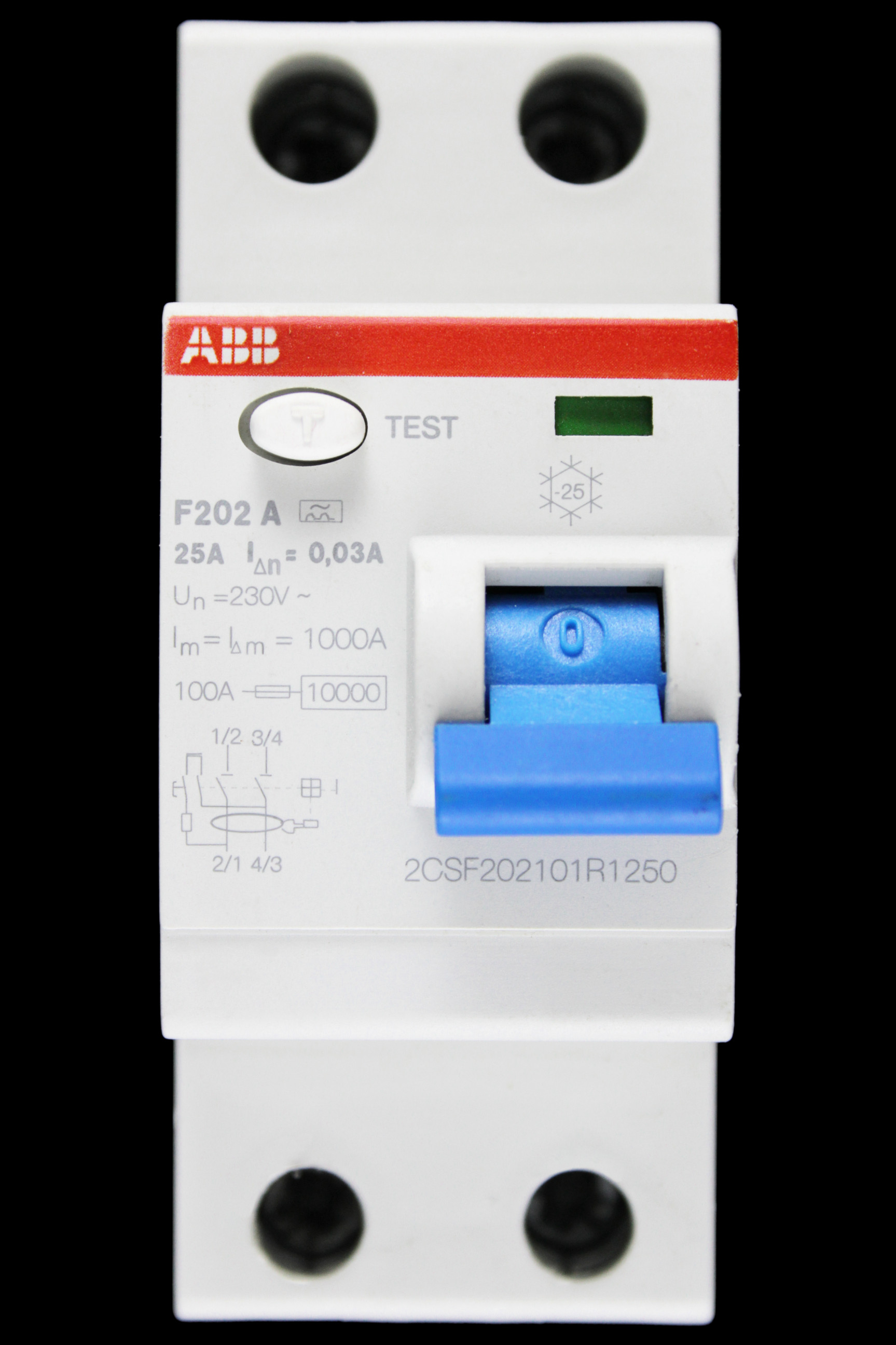ABB 25 AMP 30mA DOUBLE POLE RCCB TYPE A F202 2CSF202101R1250