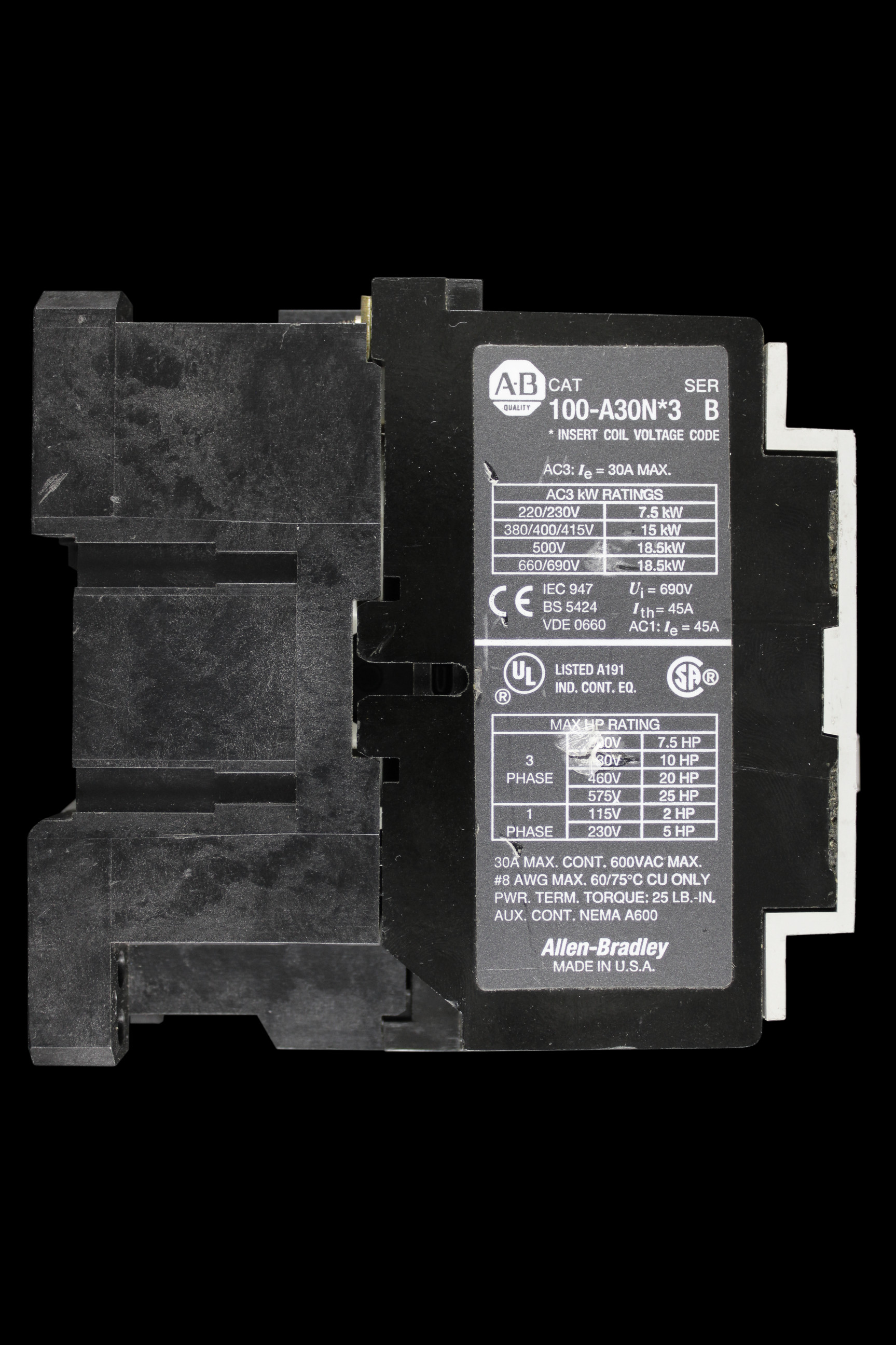 ALLEN BRADLEY 30 AMP TRIPLE POLE NO CONTACTOR 230V COIL 100-A30N*3