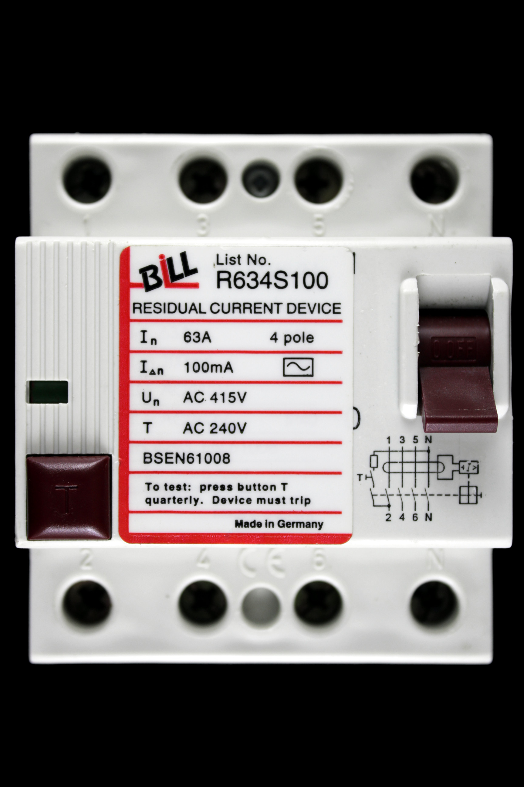 BILL 63 AMP 100mA FOUR POLE RCD TYPE AC R634S100