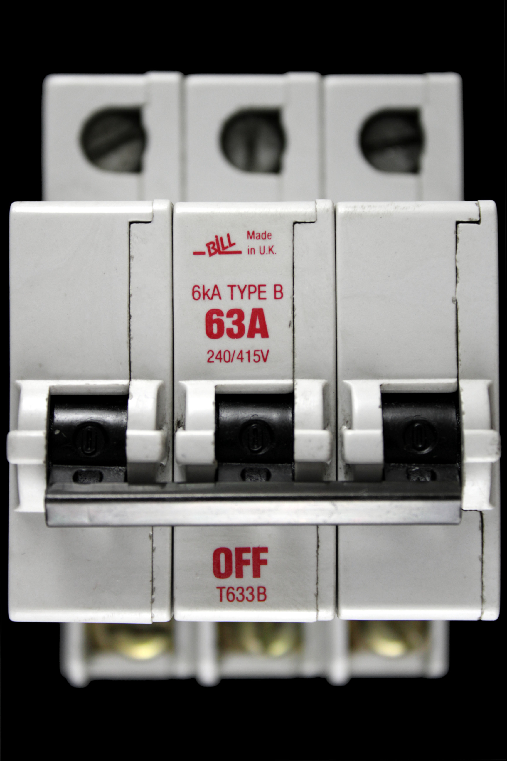 BILL 63 AMP CURVE B 6kA TRIPLE POLE MCB CIRCUIT BREAKER T633B RED