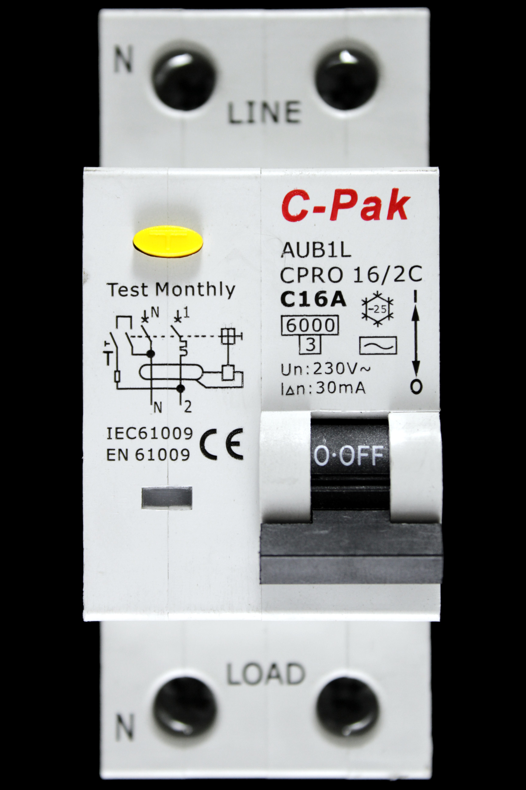 C-PAK C 16 RCBO DOUBLE POLE 6kA 30mA TYPE AC AUB1L CPRO 16/2C