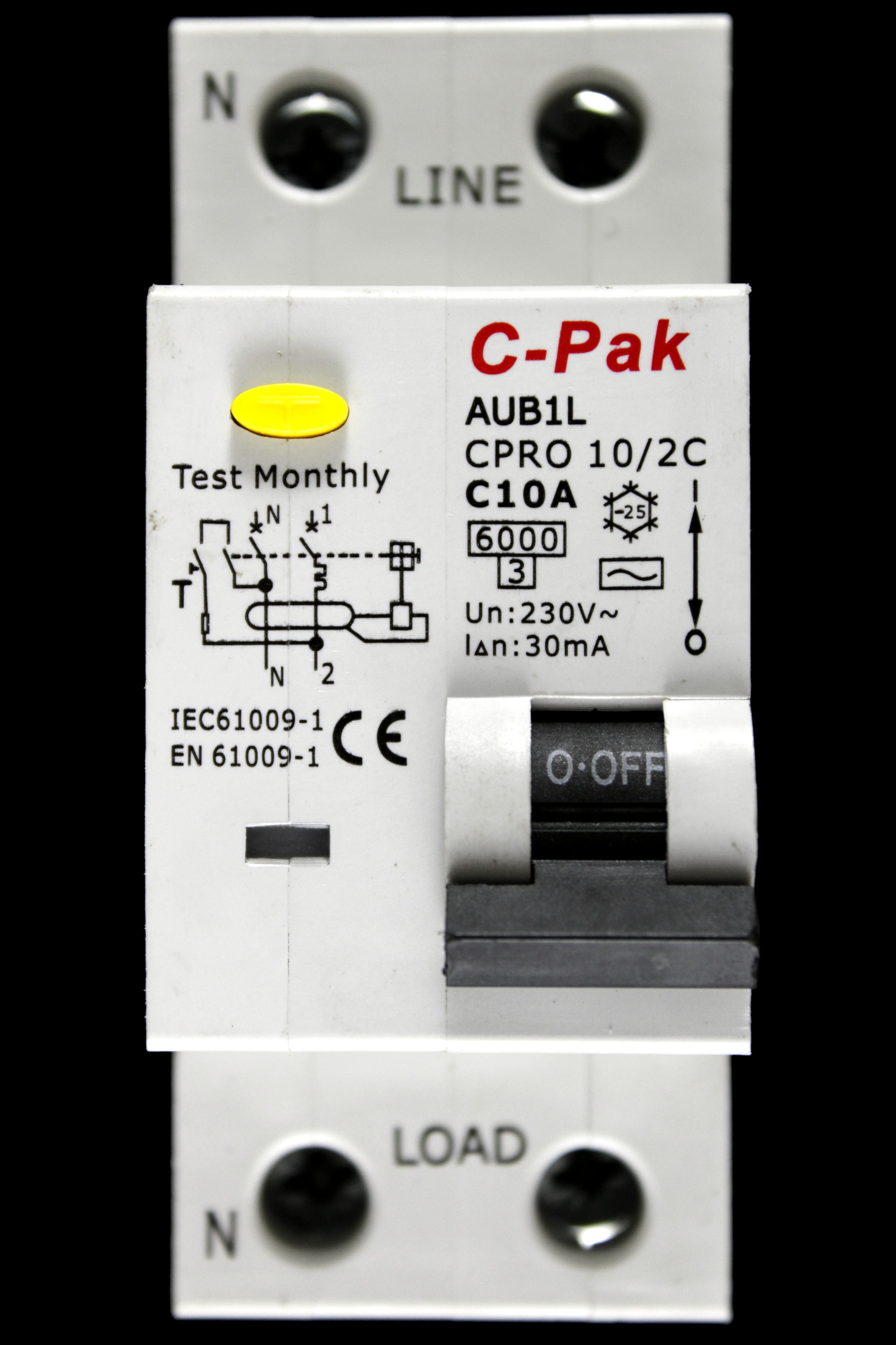 C-PAK C 10 RCBO DOUBLE POLE 6kA 30mA TYPE AC AUB1L CPRO 10/2C
