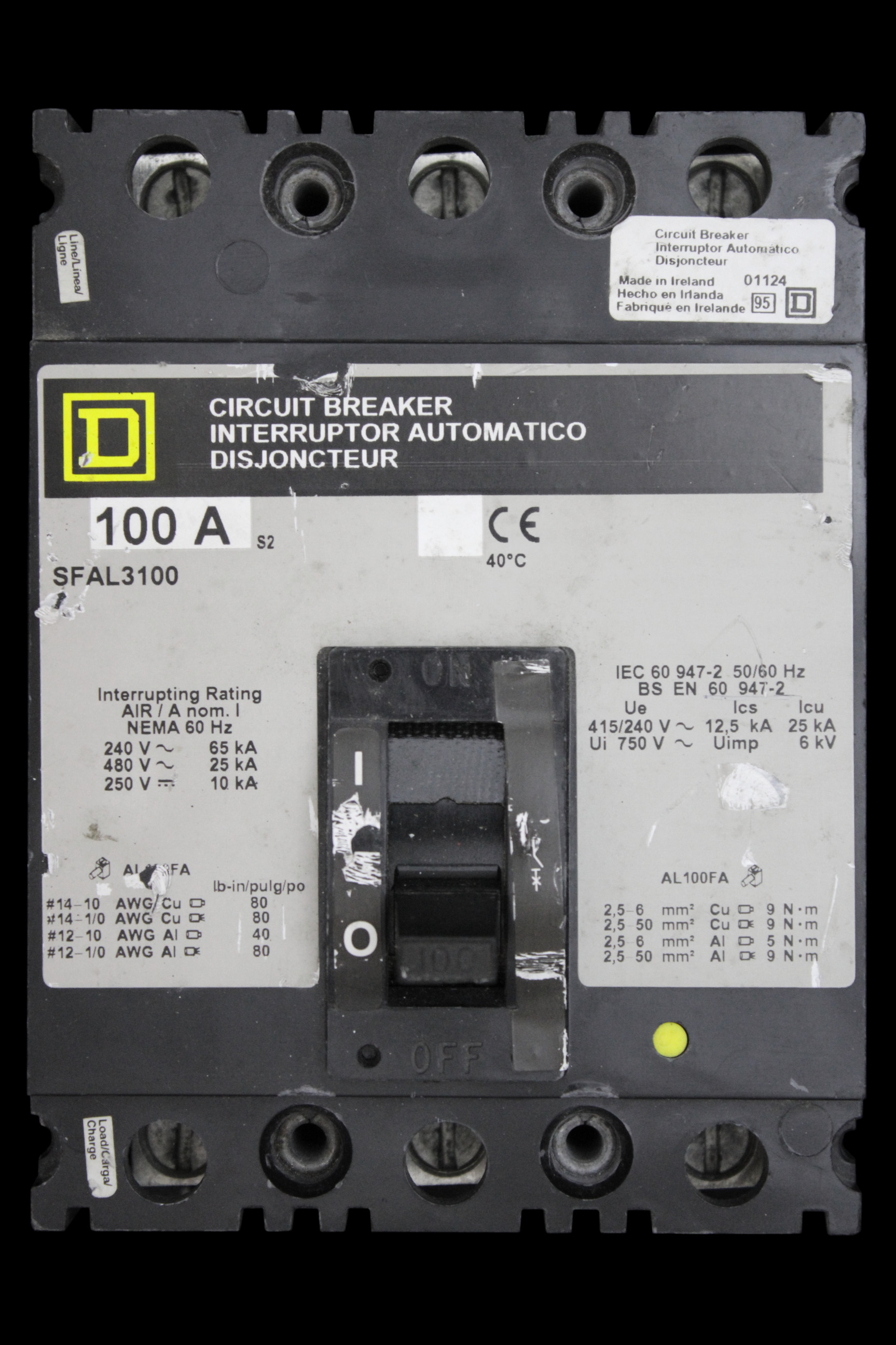 SQUARE D 100 MCCB TRIPLE POLE 25kA SFAL36100 SERIES 2