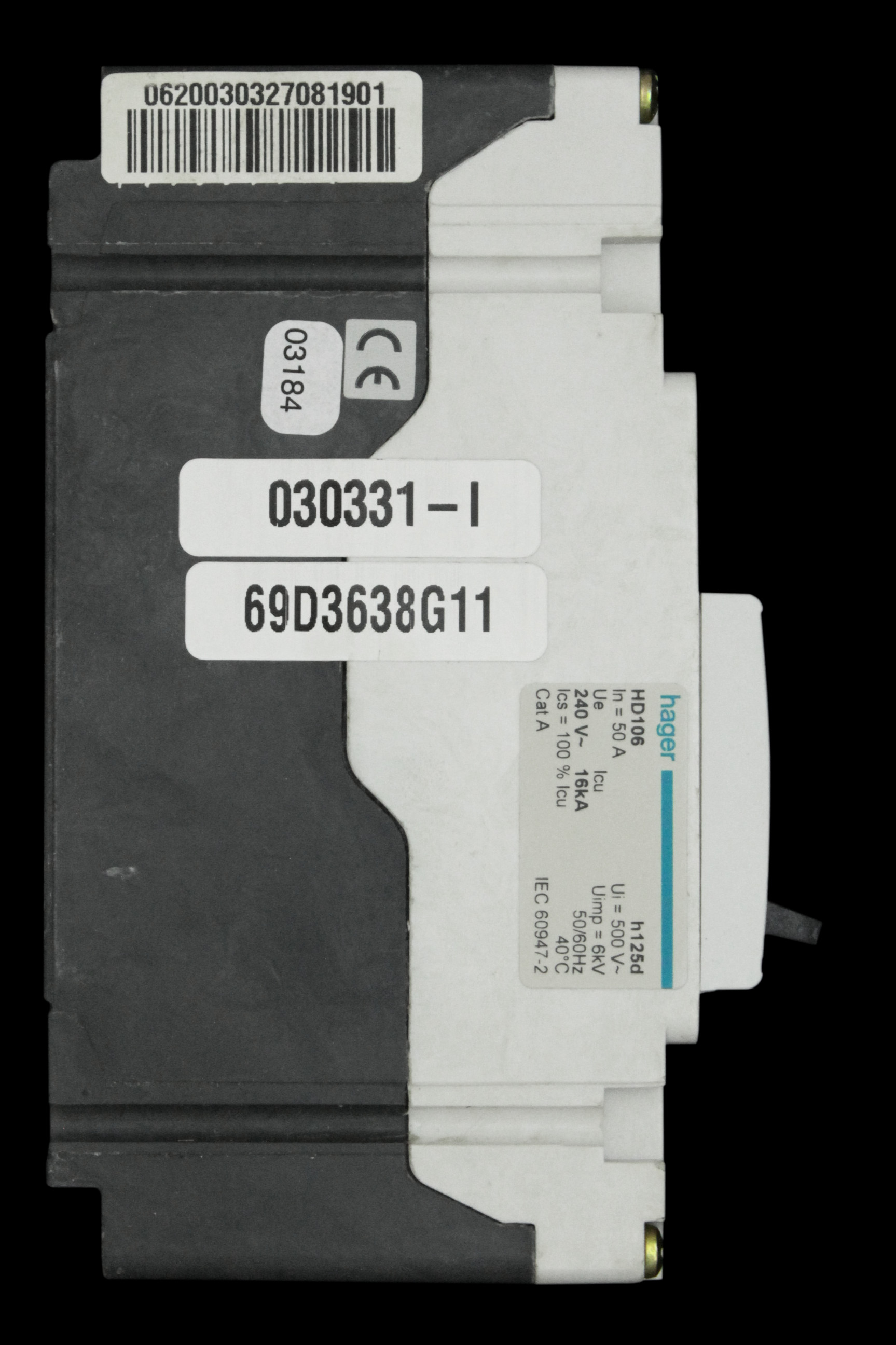 HAGER 50 AMP 16kA MCCB H125D HD106 314106