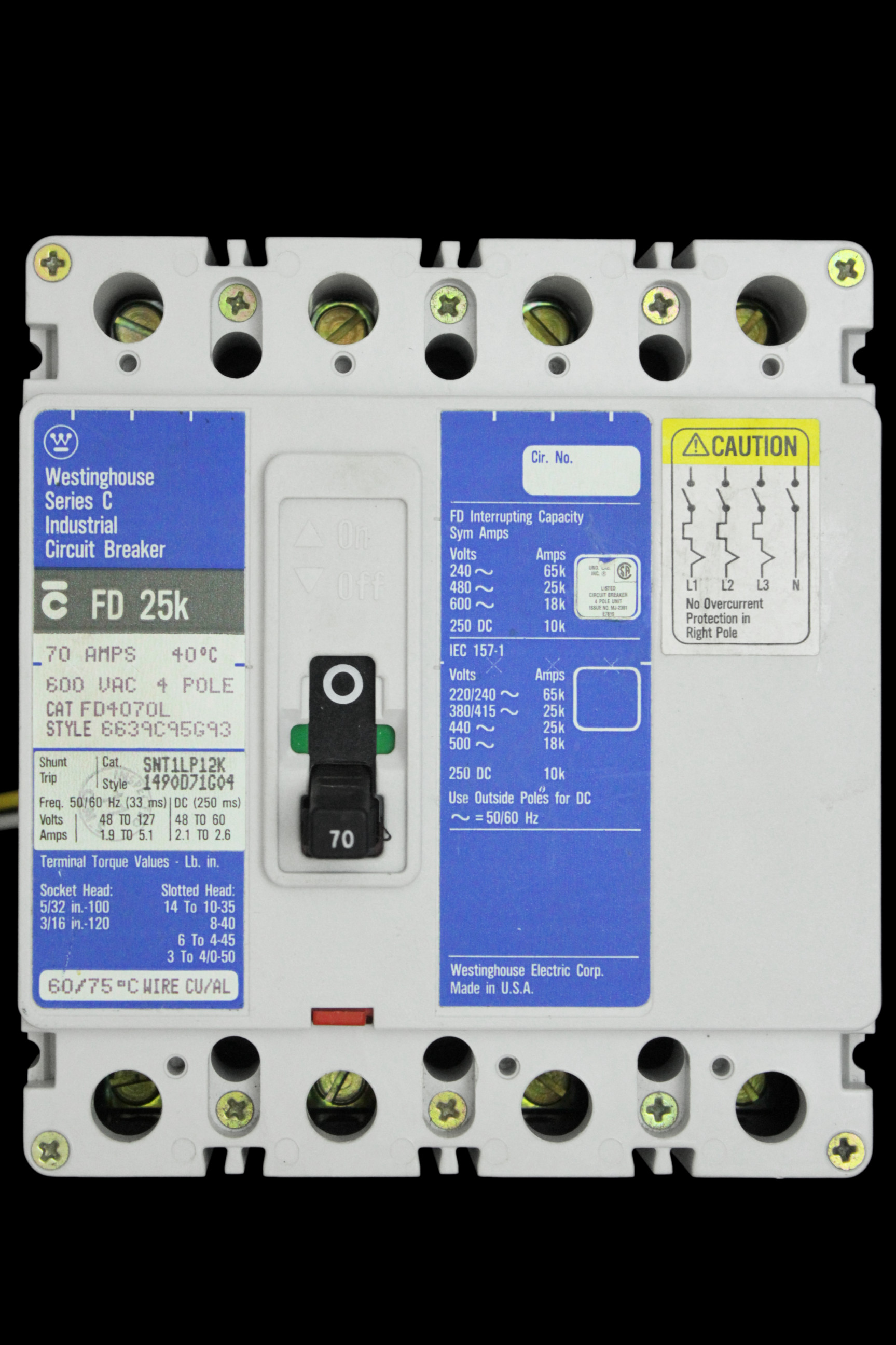 WESTINGHOUSE 70 AMP 25kA FOUR POLE SHUNT TRIP MCCB FD 25k FD4070L