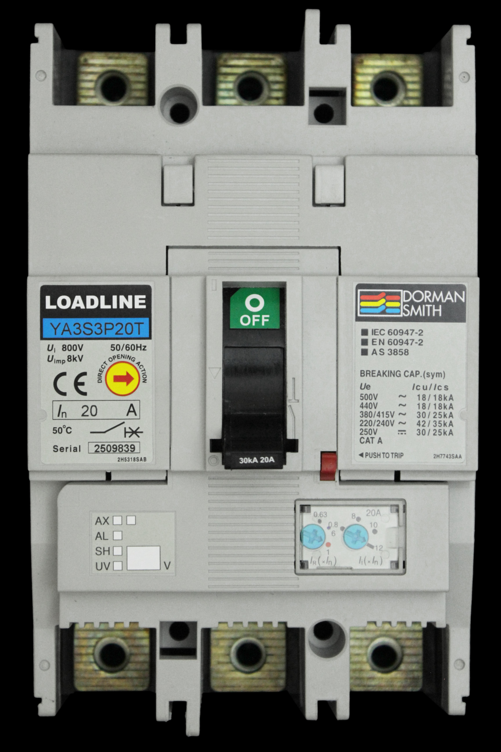 DORMAN SMITH 20 AMP 30kA TRIPLE POLE MCCB YA3S3P20T LOADLINE