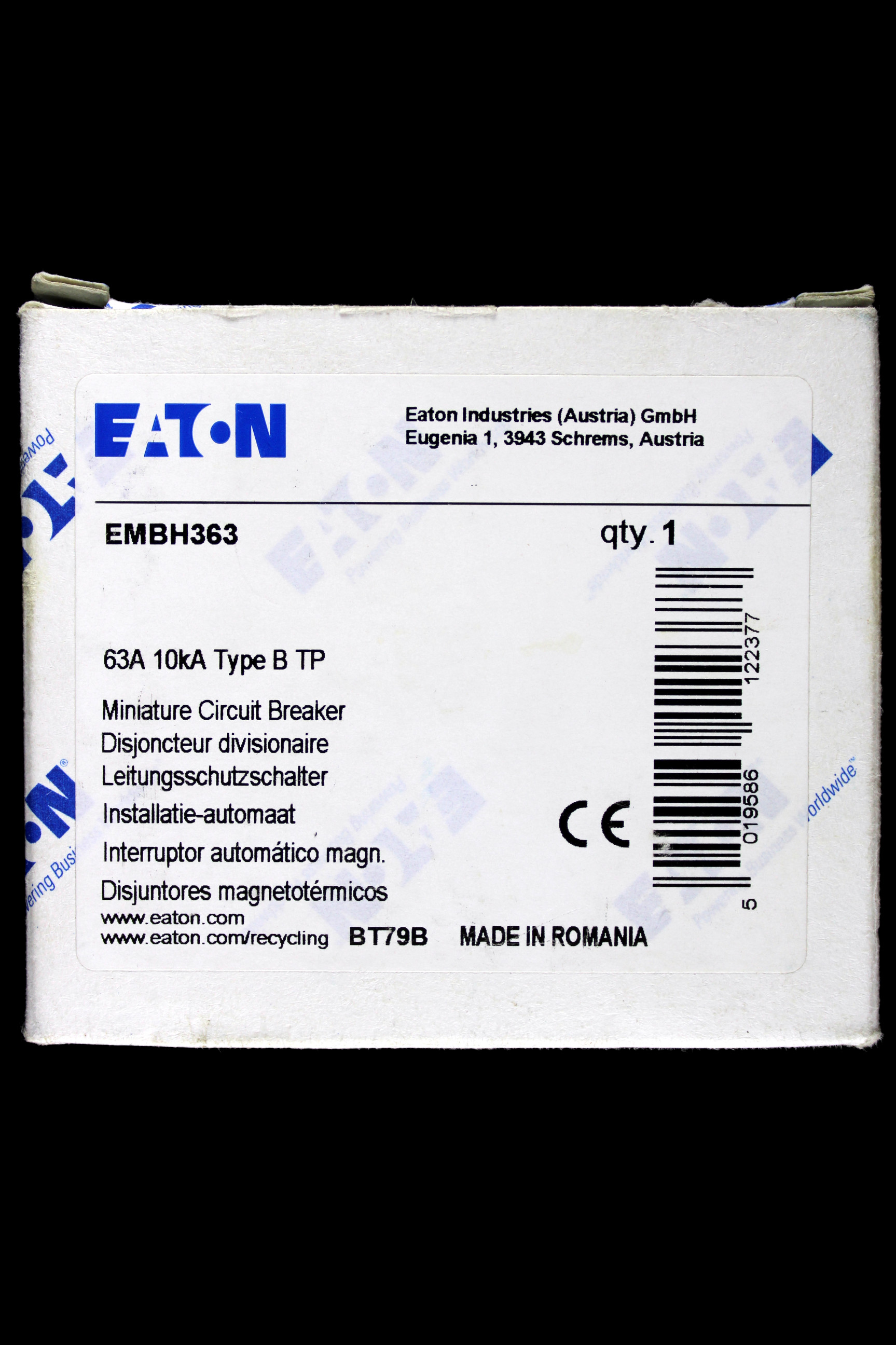 EATON 63 AMP CURVE B 10kA TRIPLE POLE MCB CIRCUIT BREAKER EMBH363
