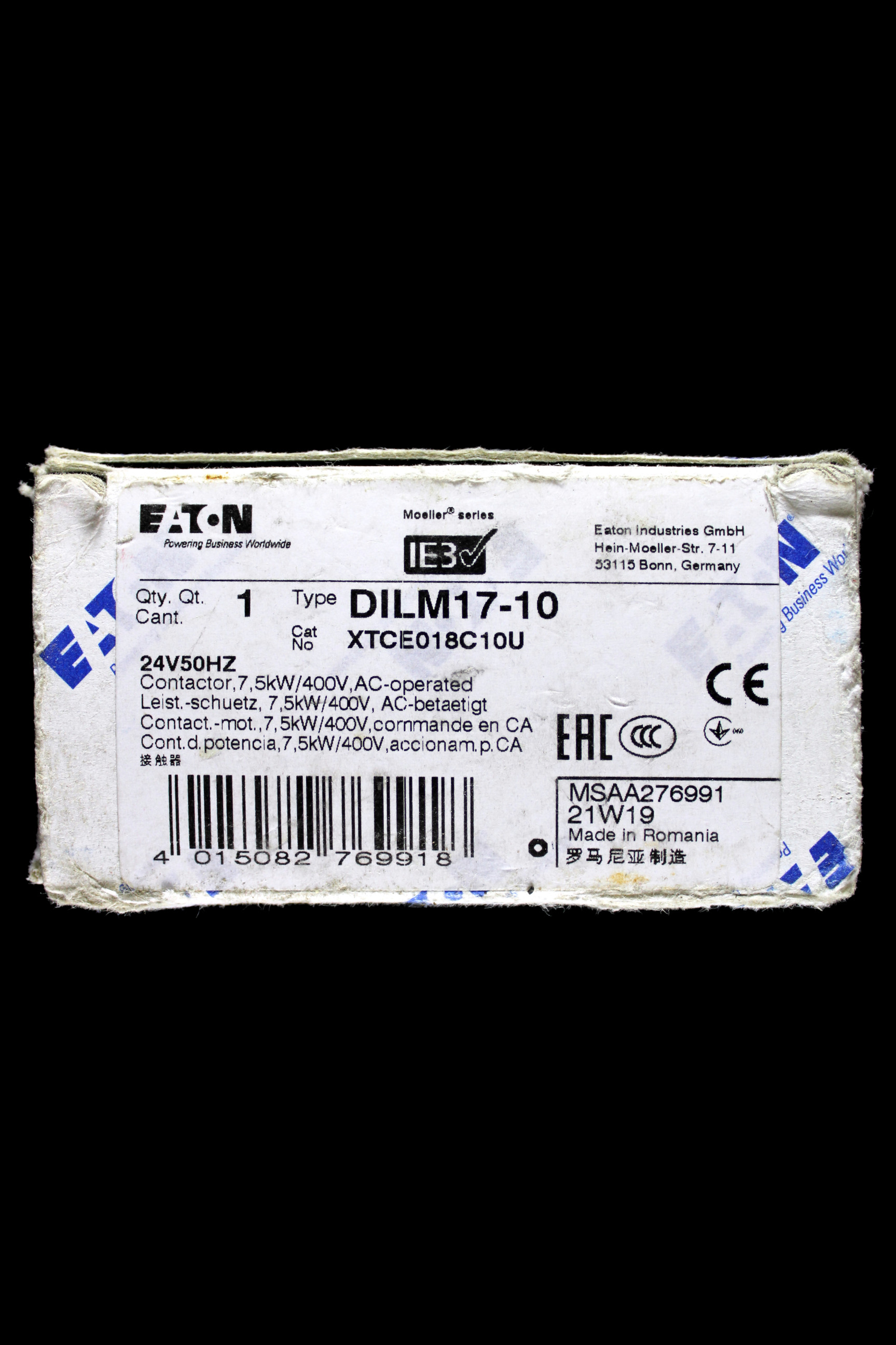 EATON 18 AMP 7.5kW TRIPLE POLE NO CONTACTOR 24V COIL DILM17-10 XTCE018C10