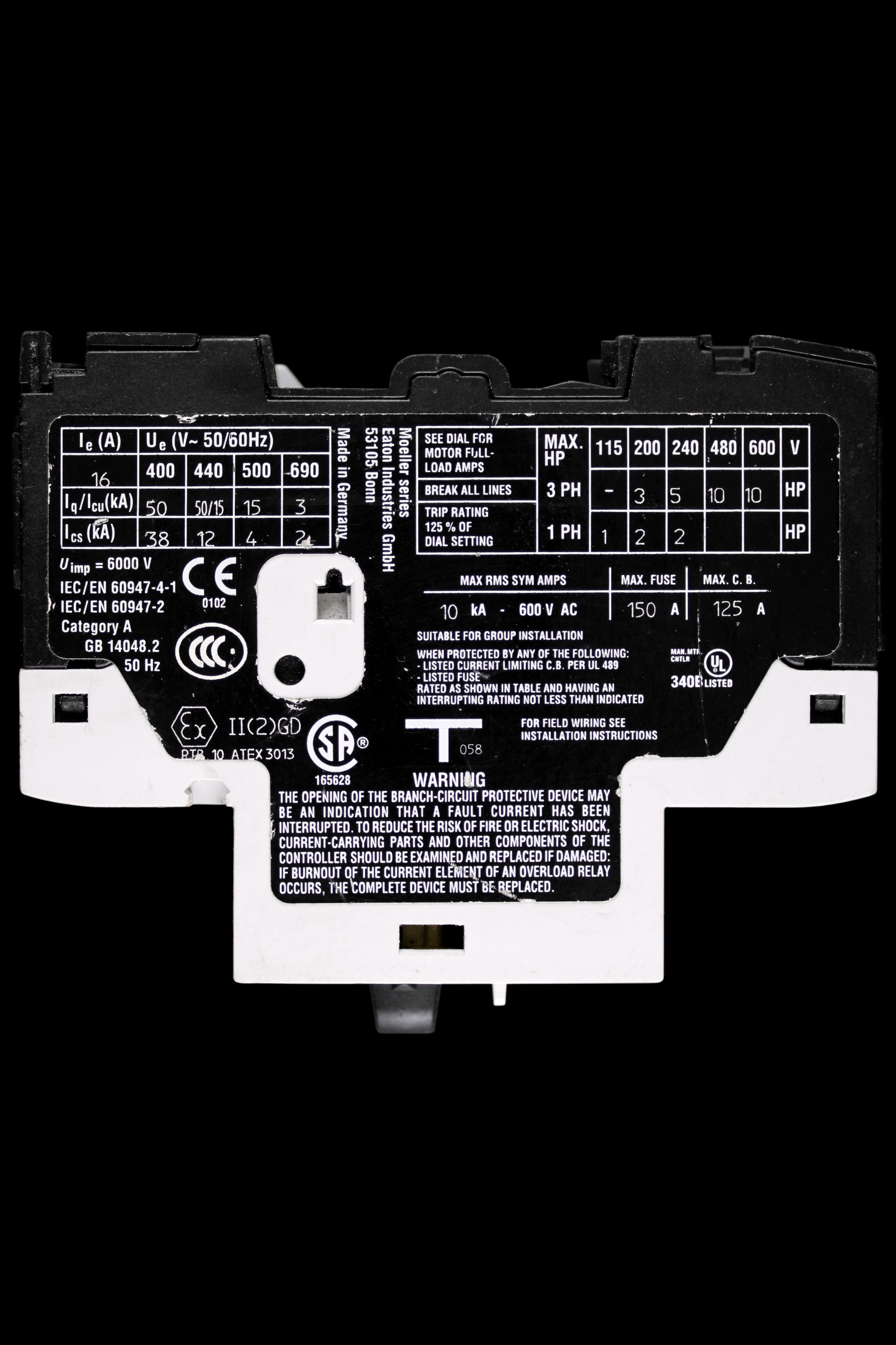 EATON 10 - 16 AMP MOTOR PROTECTIVE CIRCUIT BREAKER XTPR016BC1 PKZM0-16