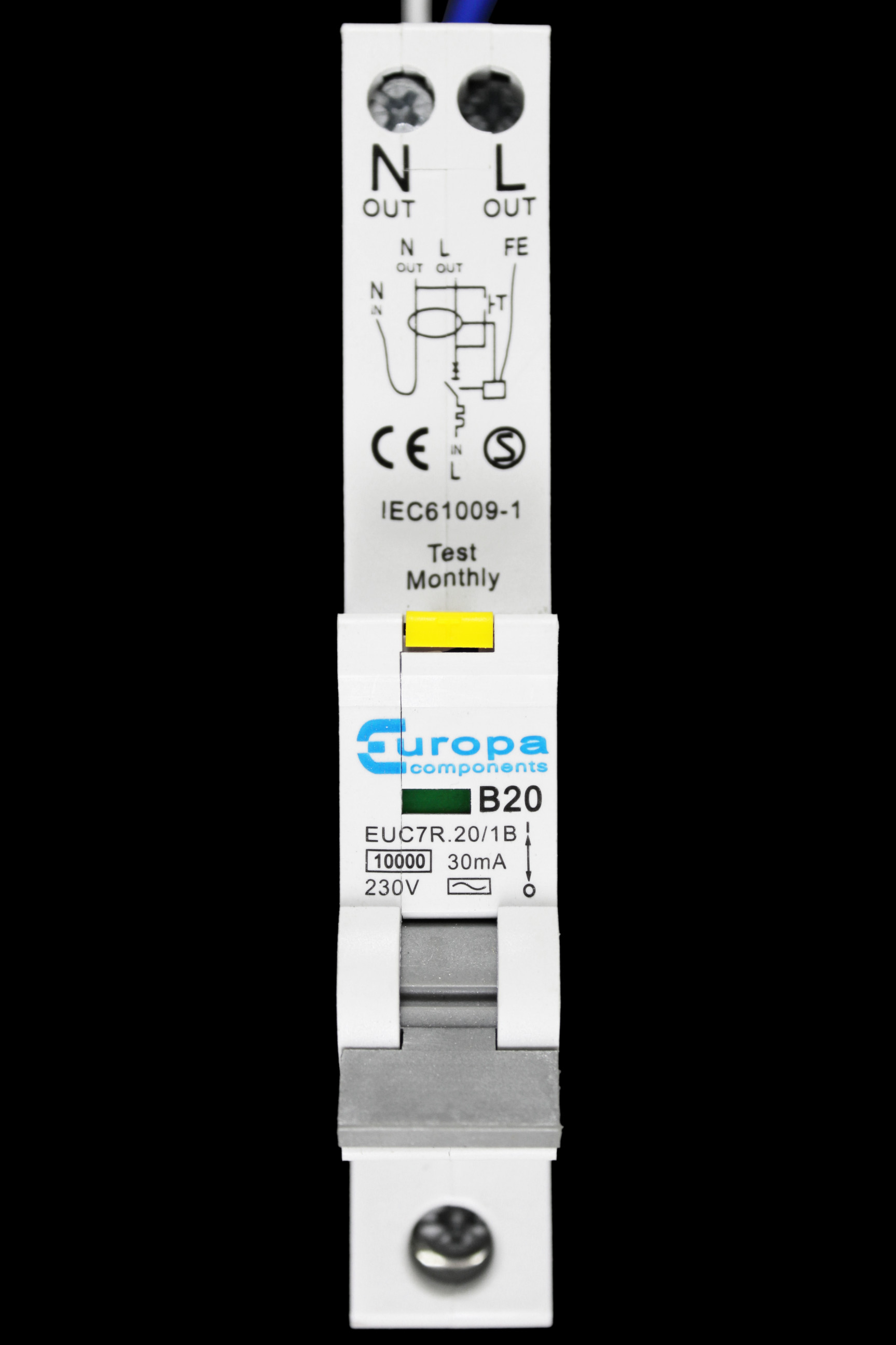 EUROPA 20 AMP CURVE B 10kA 30mA RCBO TYPE AC EUC7R.20/1B