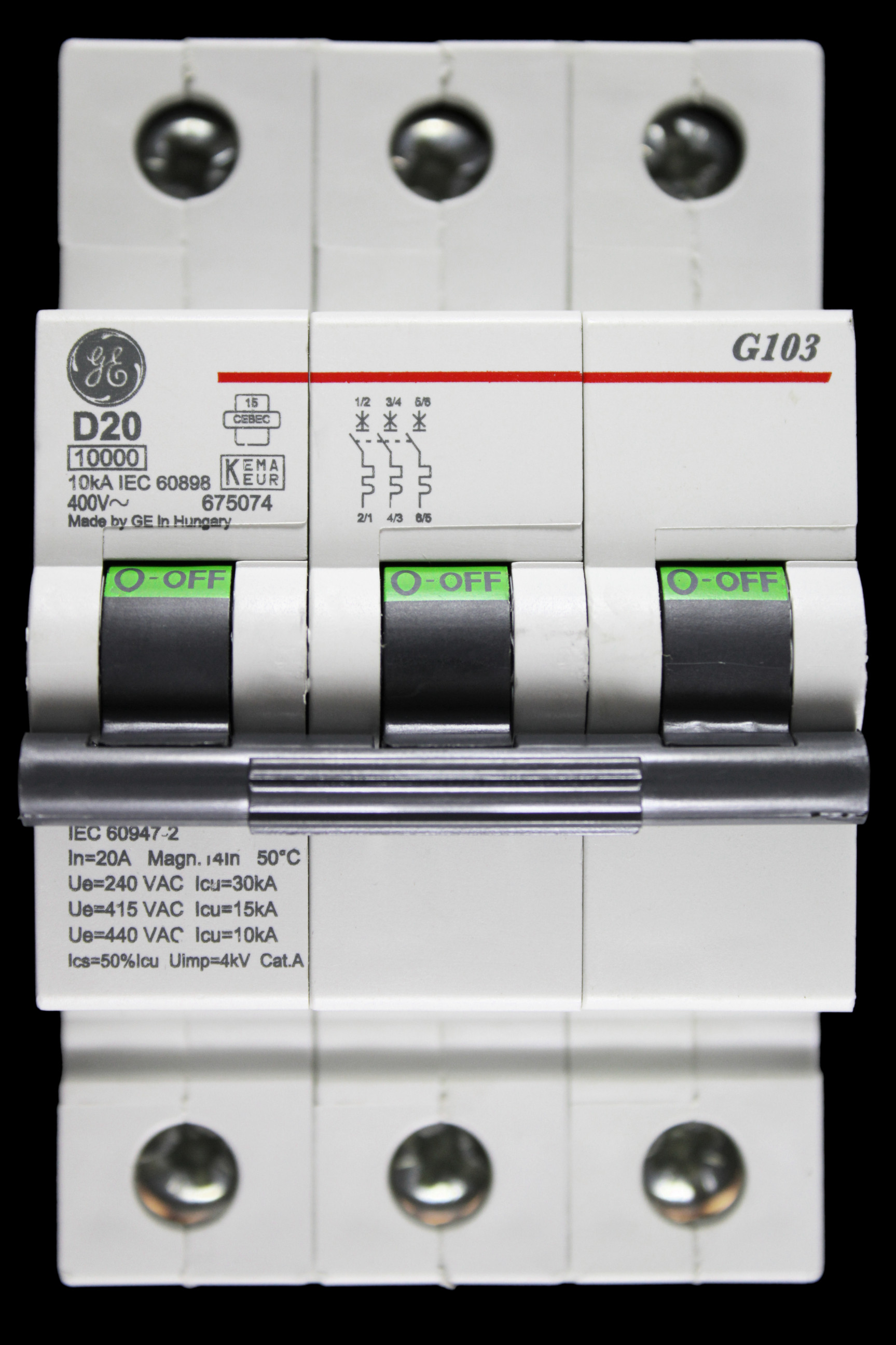 GENERAL ELECTRIC 20 AMP CURVE D 10kA TRIPLE POLE MCB CIRCUIT BREAKER G103 675074