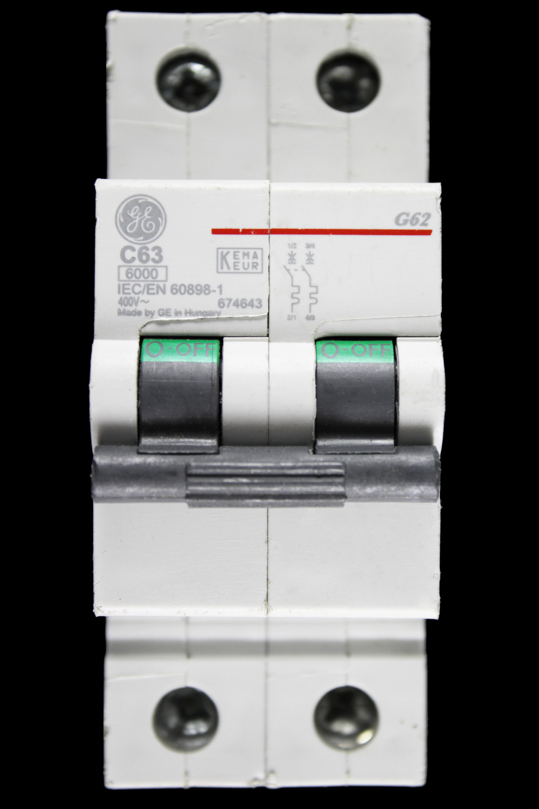 GENERAL ELECTRIC 63 AMP CURVE C 6kA DOUBLE POLE MCB CIRCUIT BREAKER 674643 G62