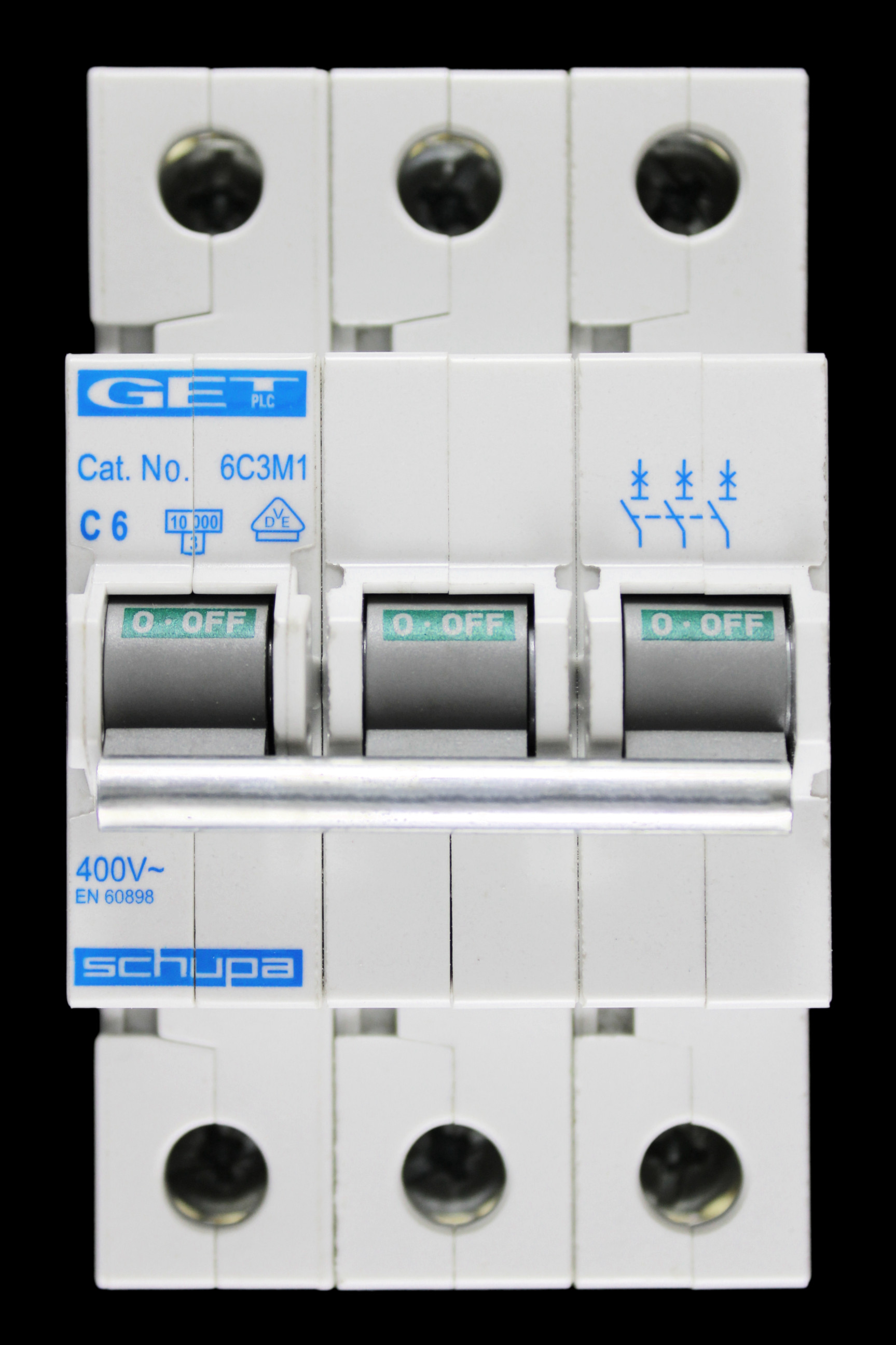 GET 6 AMP CURVE C 10kA TRIPLE POLE MCB CIRCUIT BREAKER 6C3M1 SCHUPA
