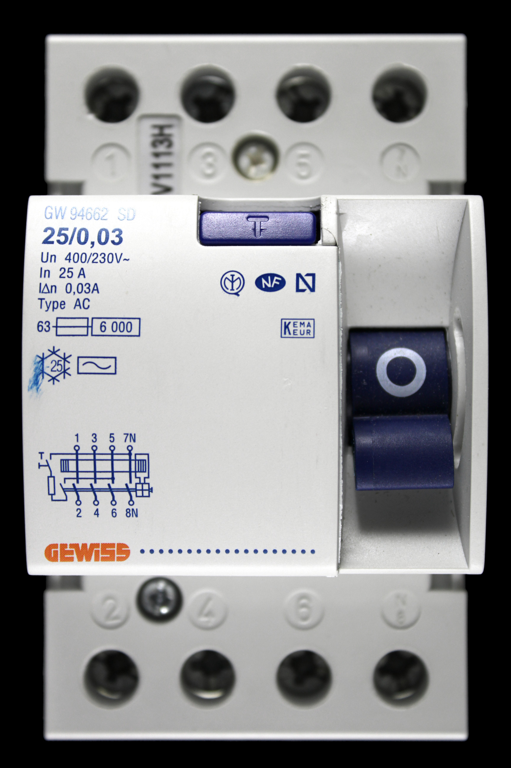 GEWISS 25 AMP 30mA FOUR POLE RCD TYPE AC GW 94662 90 SD-AC