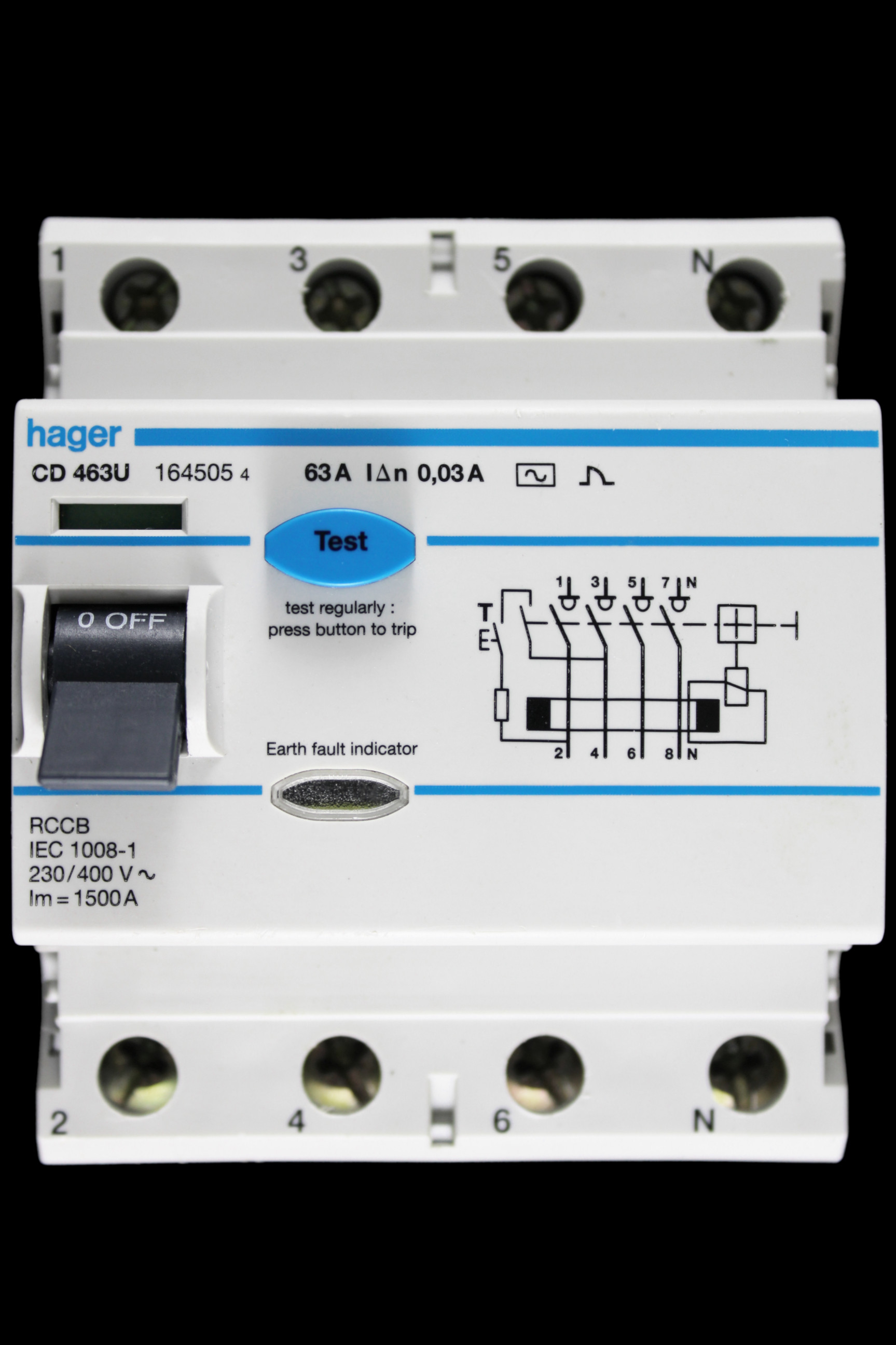 HAGER 63 AMP 30mA FOUR POLE RCCB RCD TYPE AC CD463U 164505