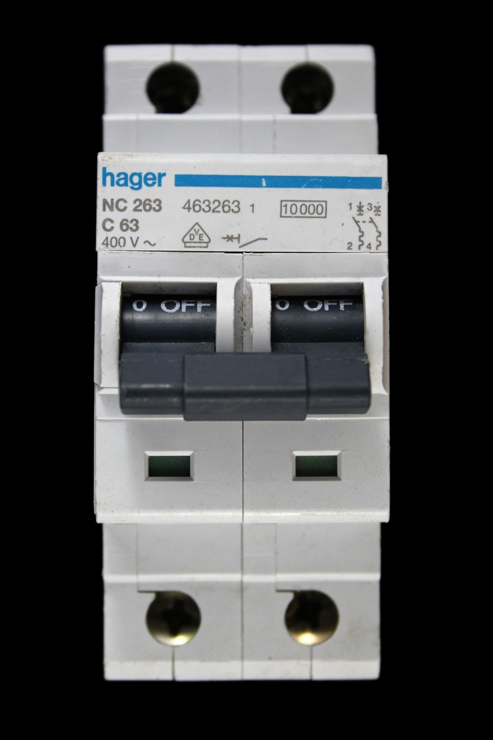 HAGER 63 AMP CURVE C 10kA DOUBLE POLE MCB CIRCUIT BREAKER NC263 463263