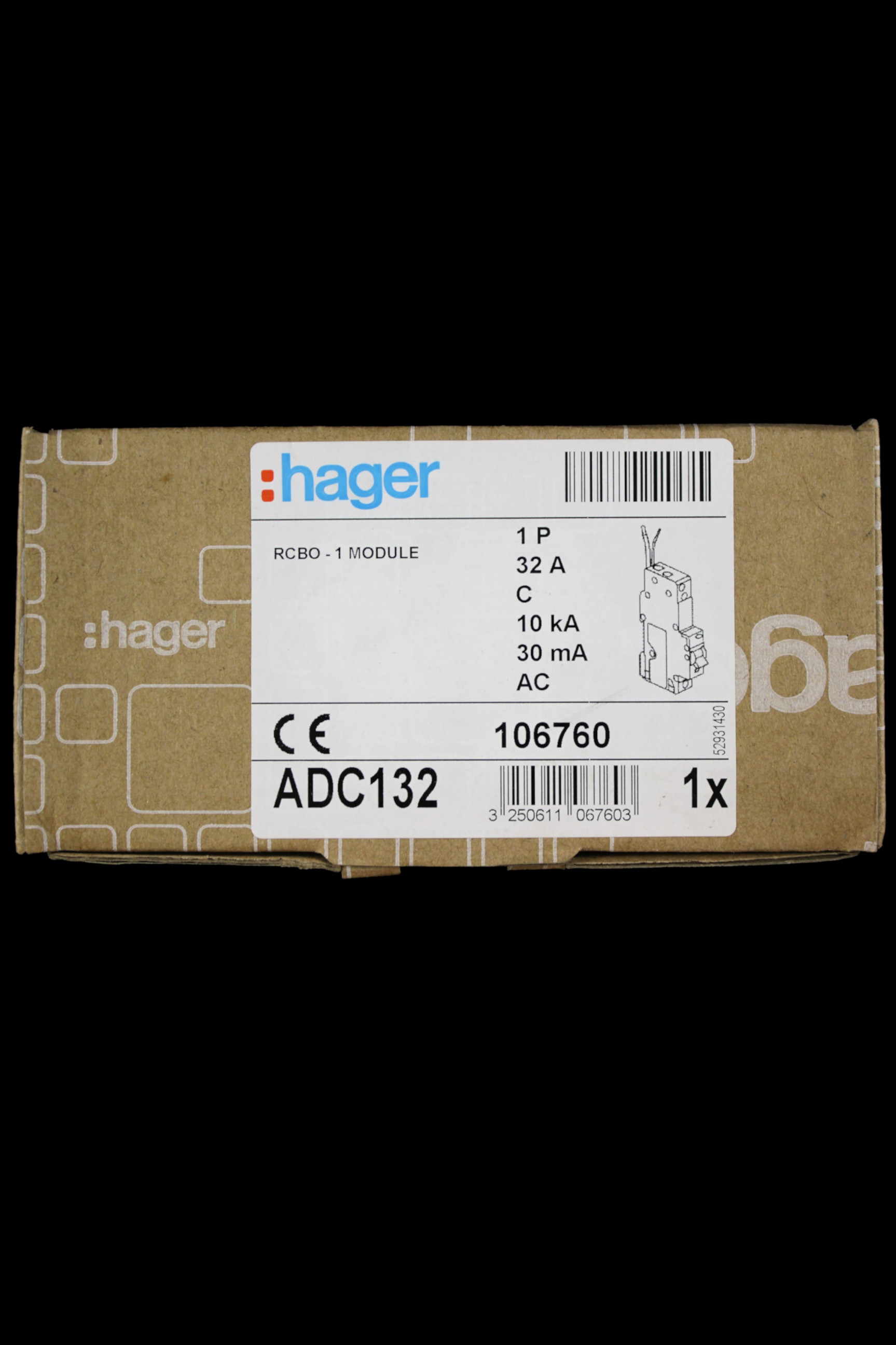 HAGER 32 AMP CURVE C 10kA 30mA RCBO TYPE AC ADC132 106760