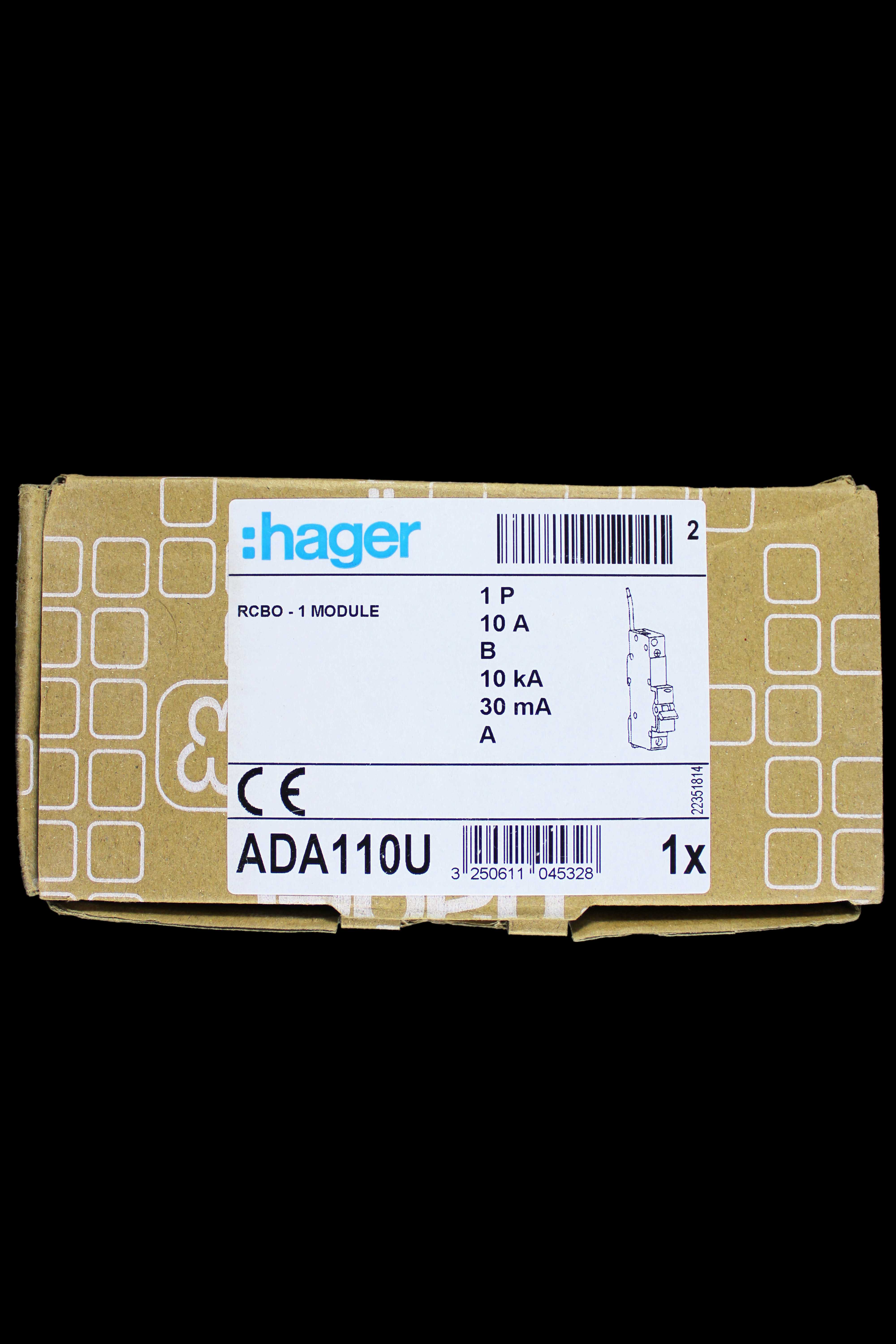 HAGER 10 AMP CURVE B 10kA 30mA RCBO TYPE A 104532 ADA110U